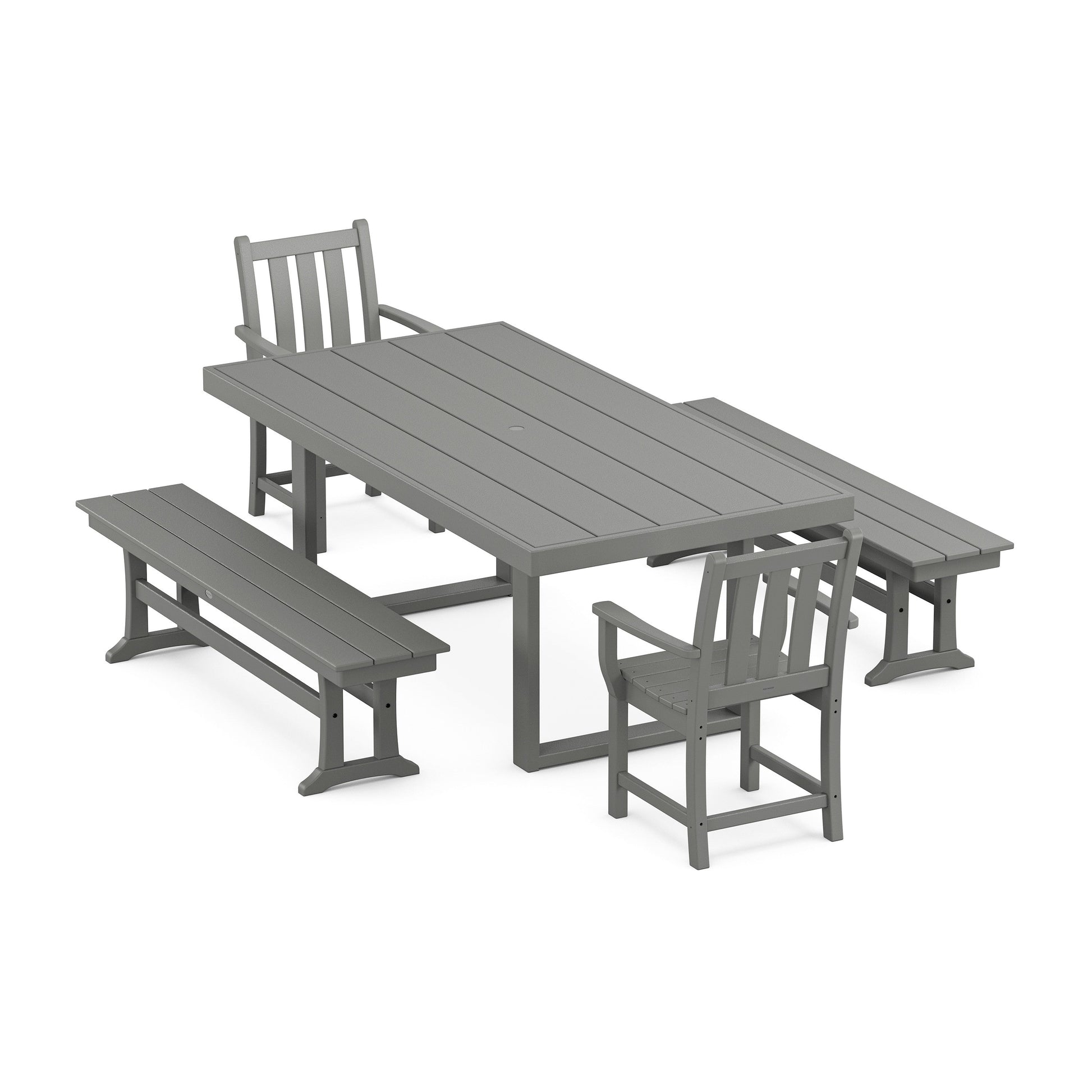 POLYWOOD Traditional Garden 5-Piece Dining Set with Benches — Slate Grey