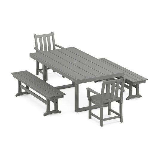 POLYWOOD Traditional Garden 5-Piece Dining Set with Benches — Slate Grey