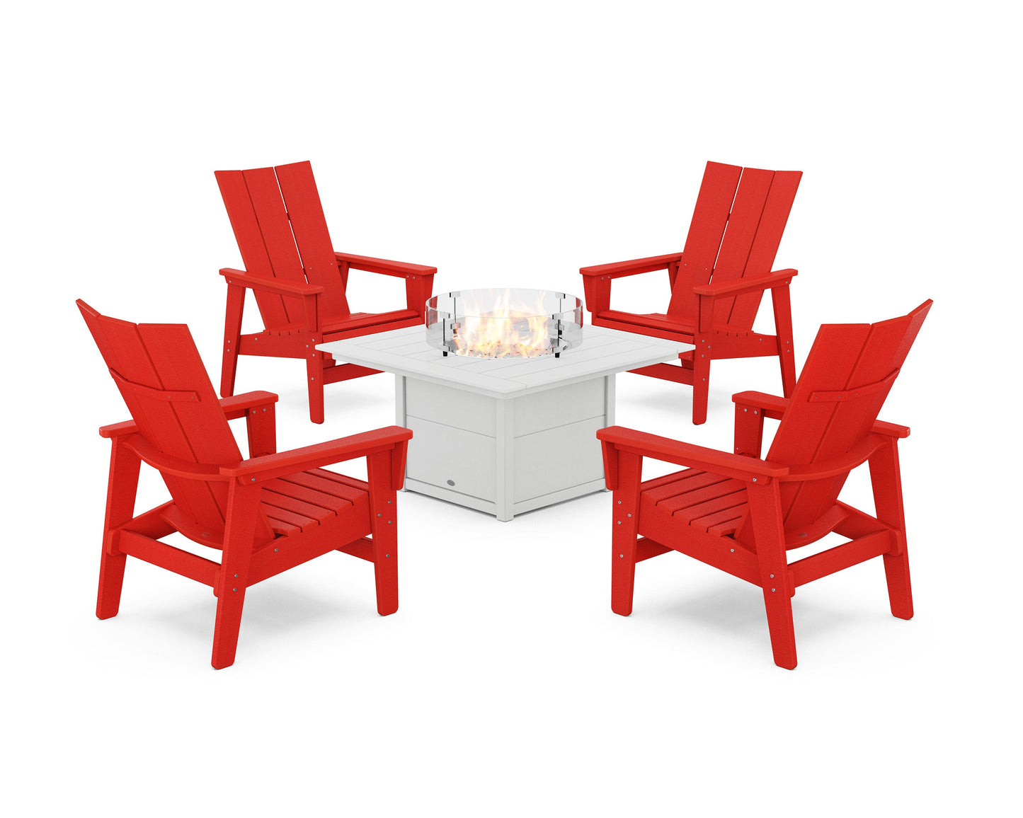 POLYWOOD 5-Piece Modern Grand Upright Adirondack Conversation Set with Fire Pit Table — Sunset Red / White