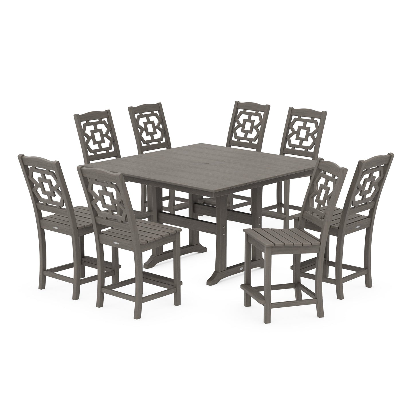 POLYWOOD Chinoiserie 9-Piece Square Farmhouse Side Chair Counter Set with Trestle Legs — Driftwood