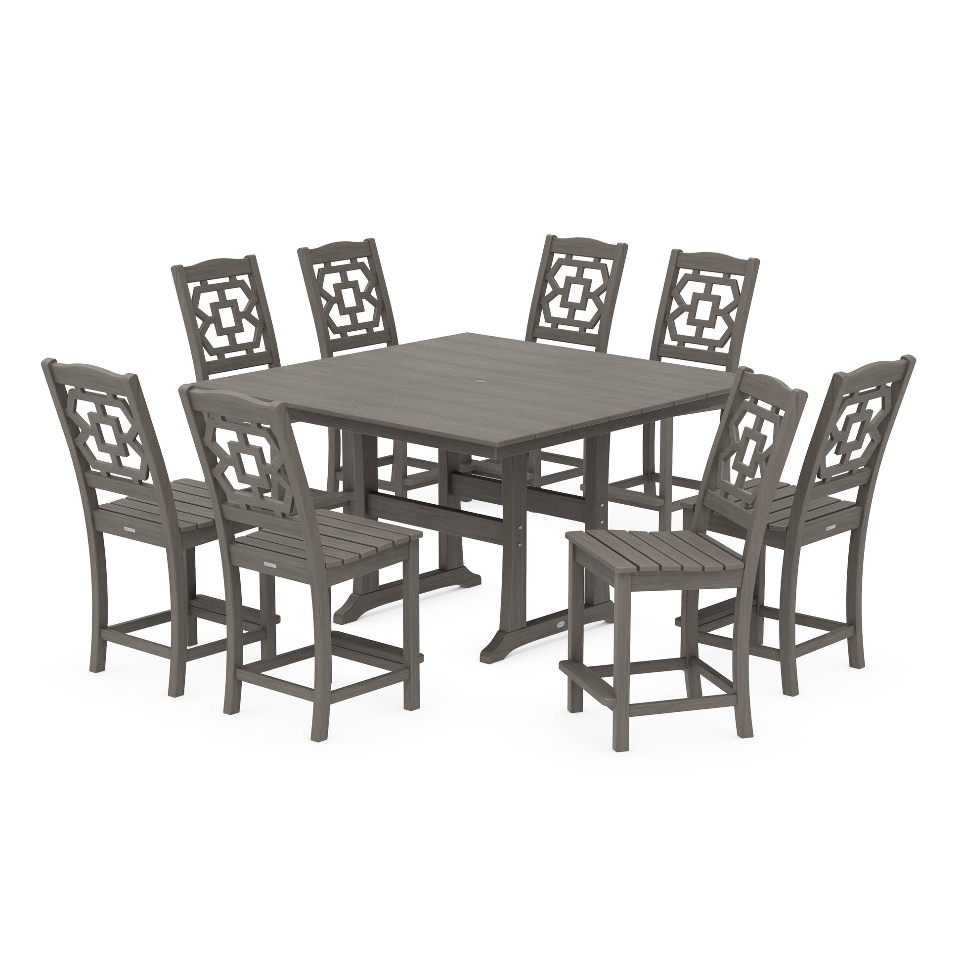 POLYWOOD Chinoiserie 9-Piece Square Farmhouse Side Chair Counter Set with Trestle Legs — Driftwood