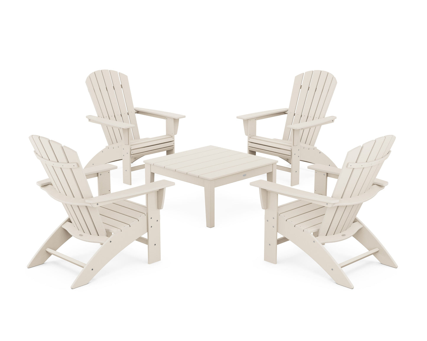 POLYWOOD 5-Piece Nautical Curveback Adirondack Chair Conversation Set with 36" Conversation Table — Sand