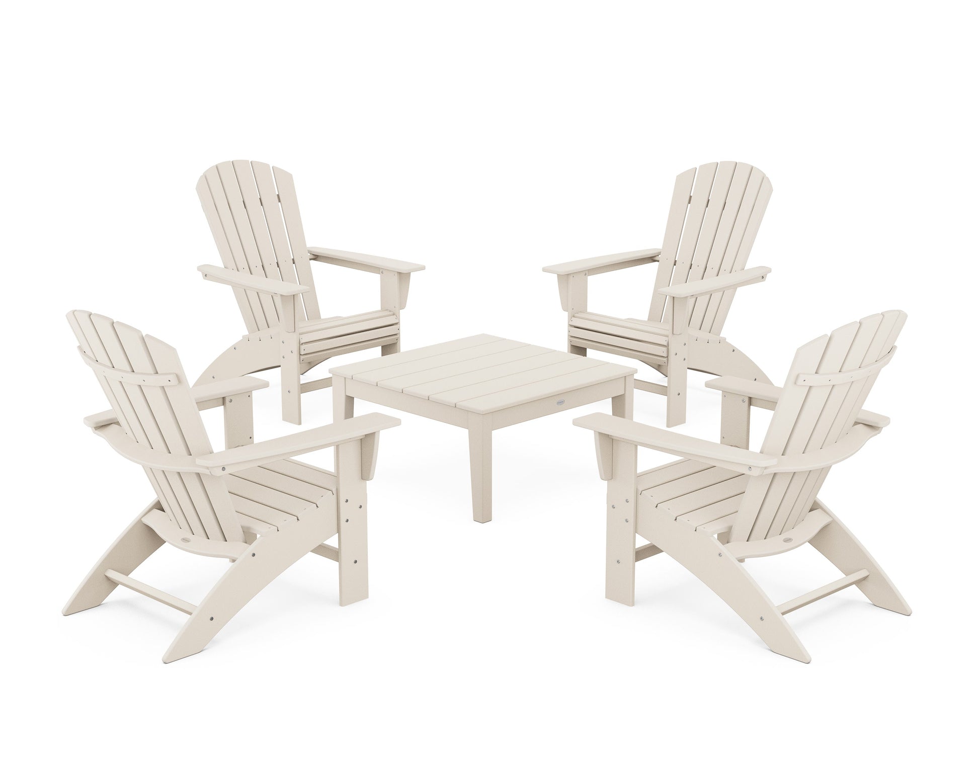 POLYWOOD 5-Piece Nautical Curveback Adirondack Chair Conversation Set with 36" Conversation Table — Sand