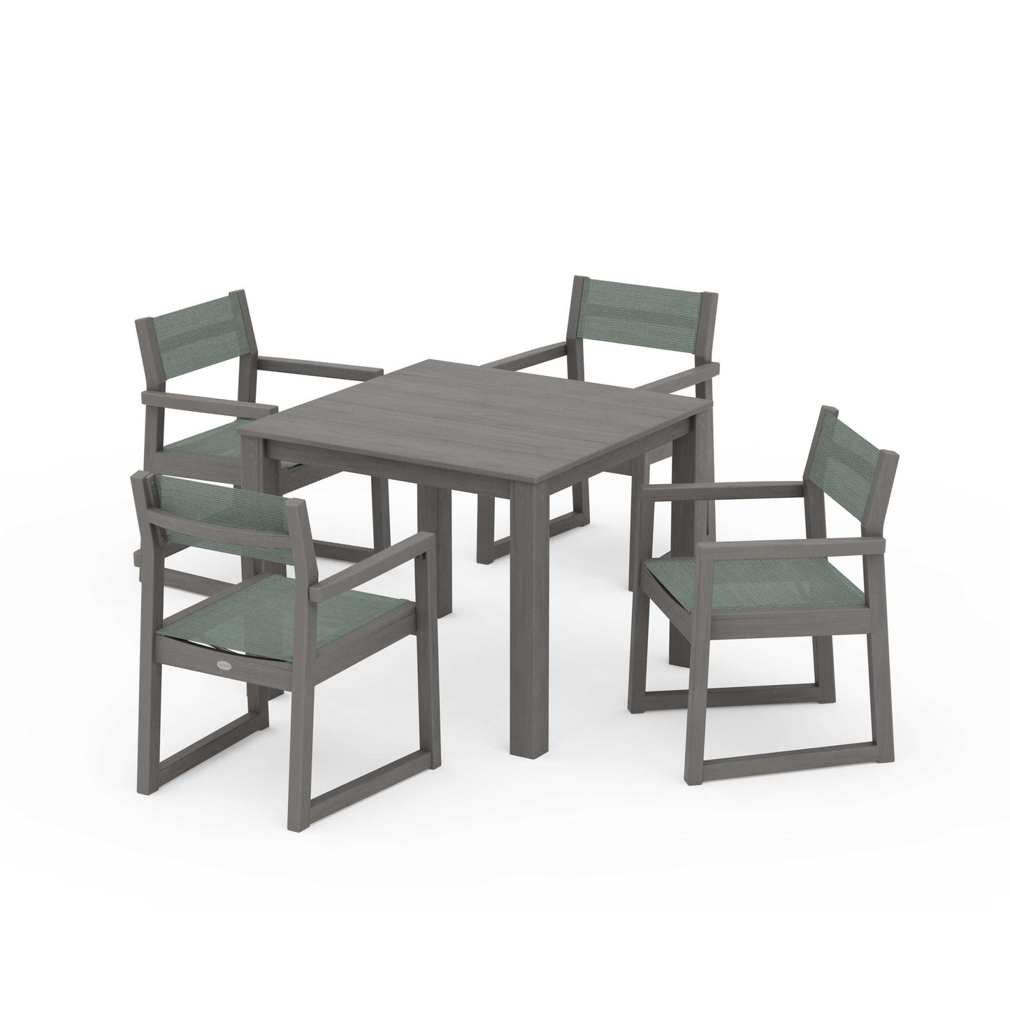 POLYWOOD EDGE Sling Arm Chair 5-Piece Parsons Dining Set — Driftwood / Dupioni Sea Mist Sling