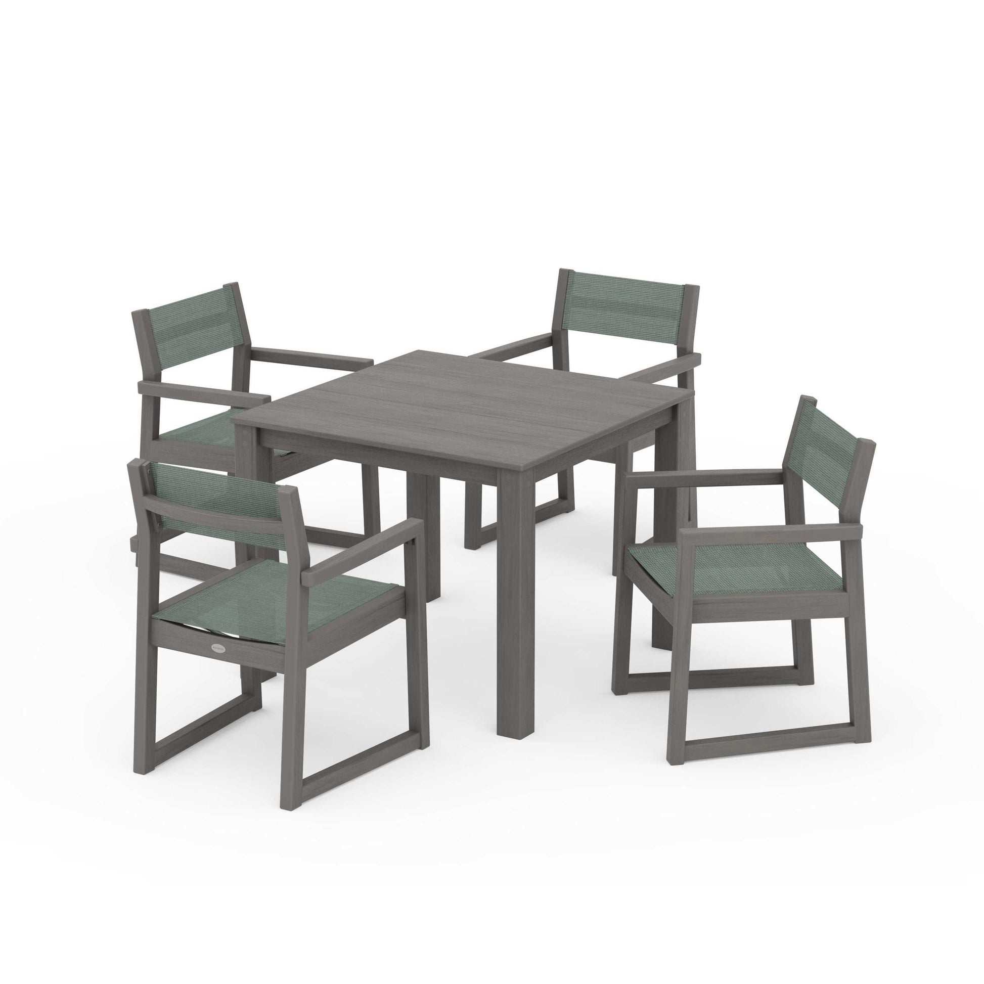 POLYWOOD EDGE Sling Arm Chair 5-Piece Parsons Dining Set — Driftwood / Dupioni Sea Mist Sling