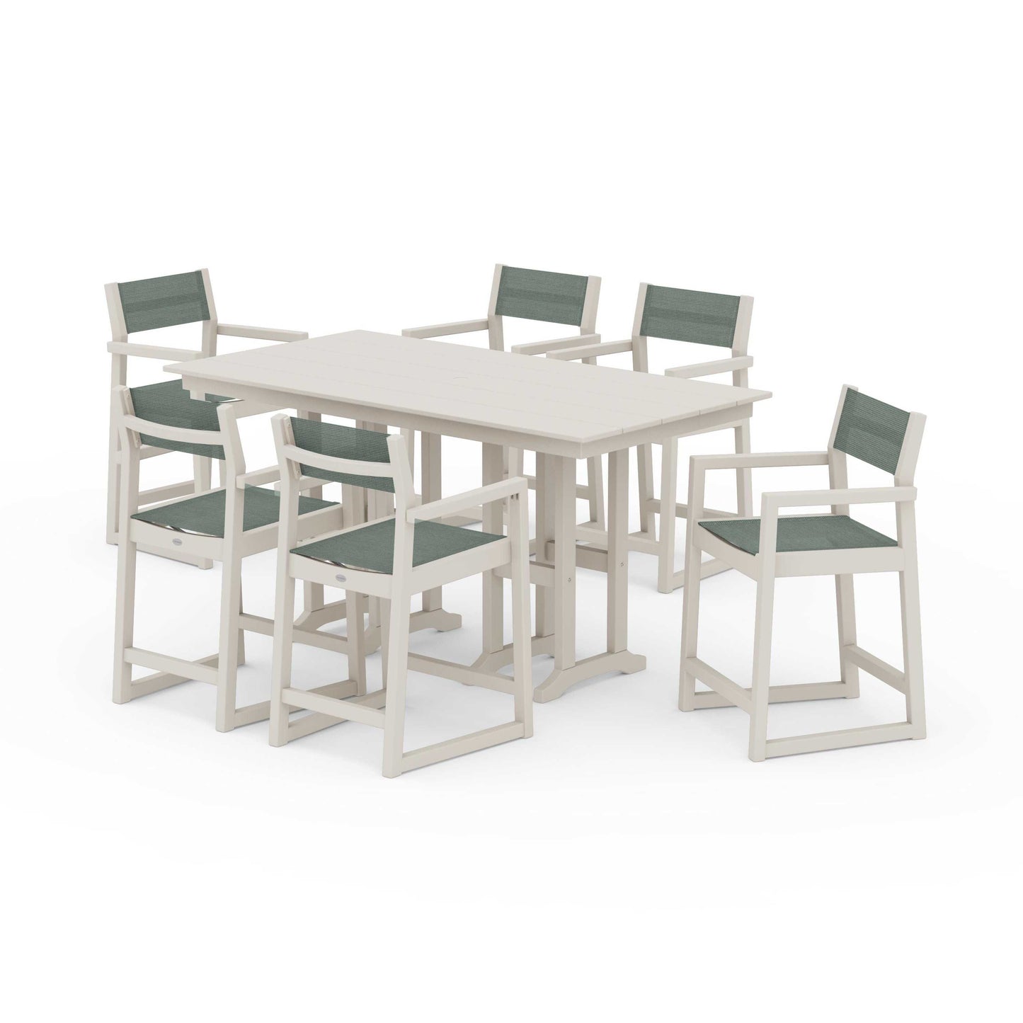 POLYWOOD EDGE Sling Arm Chair 7-Piece Farmhouse Counter Set — Sand / Dupioni Sea Mist Sling