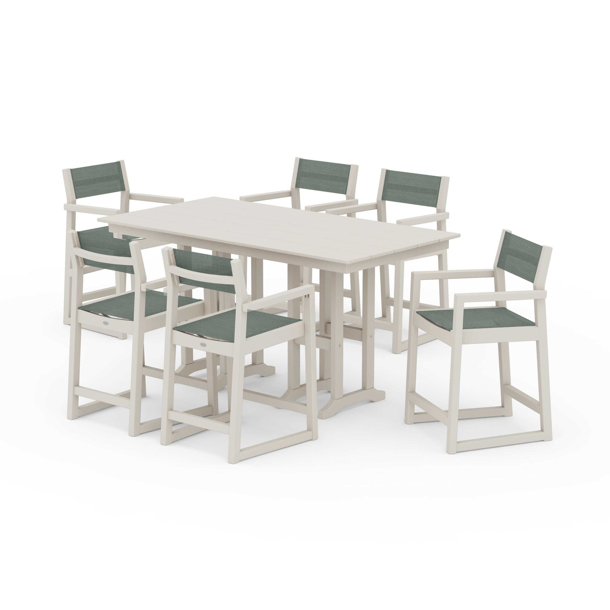 POLYWOOD EDGE Sling Arm Chair 7-Piece Farmhouse Counter Set — Sand / Dupioni Sea Mist Sling