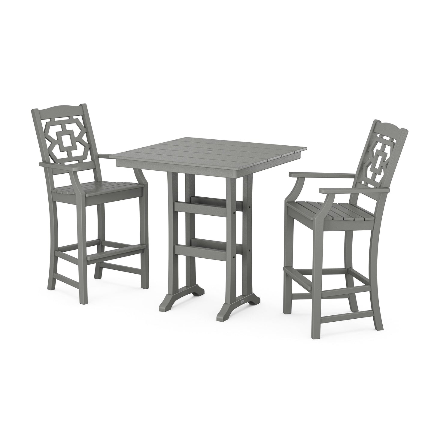 POLYWOOD Chinoiserie 3-Piece Farmhouse Bar Set with Trestle Legs — Slate Grey