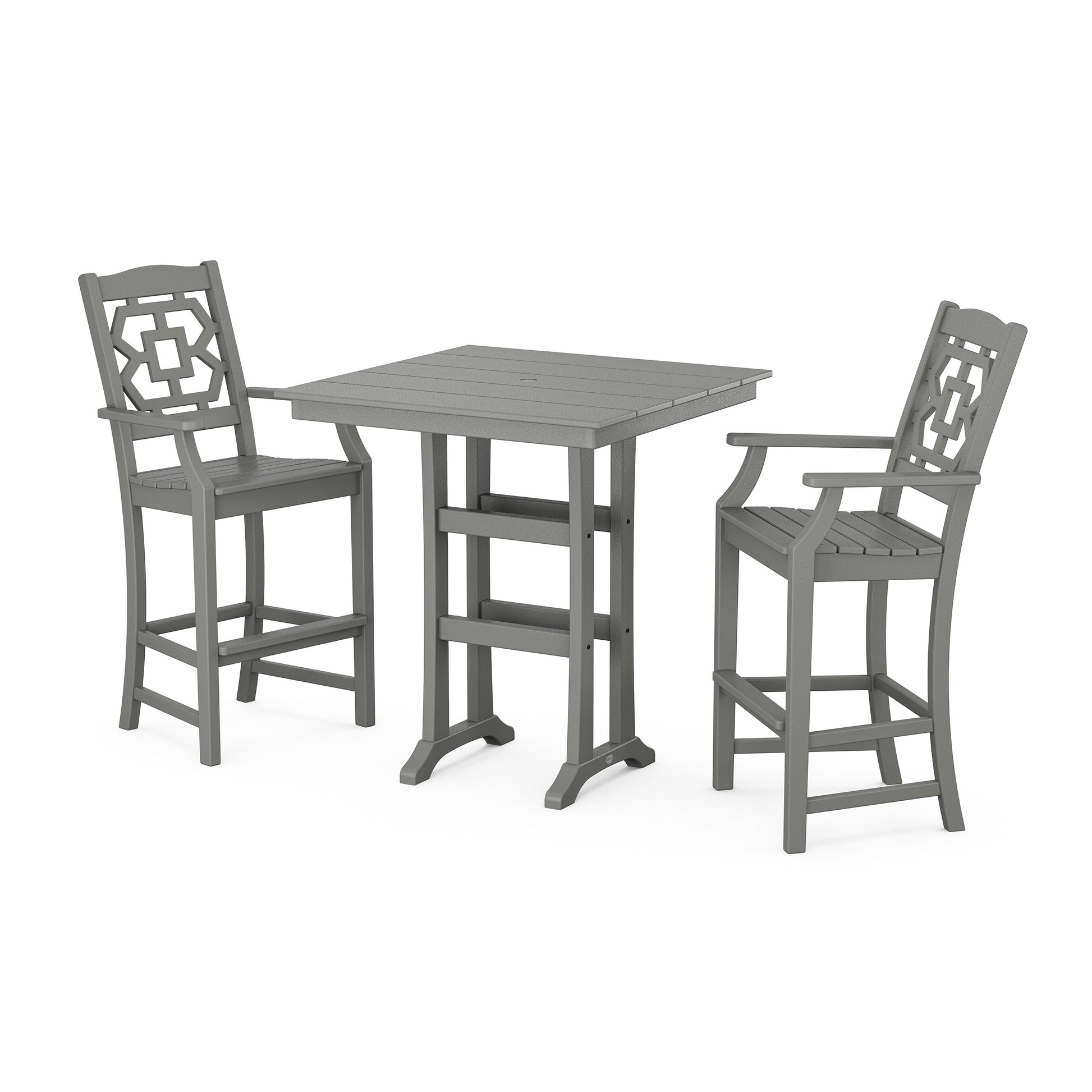 POLYWOOD Chinoiserie 3-Piece Farmhouse Bar Set with Trestle Legs — Slate Grey