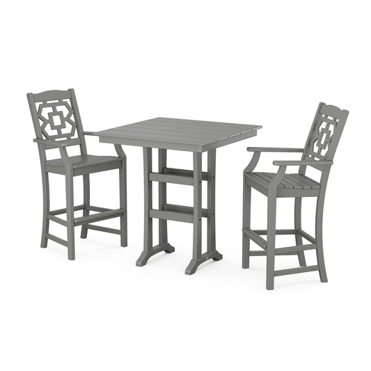 POLYWOOD Chinoiserie 3-Piece Farmhouse Bar Set with Trestle Legs — Slate Grey