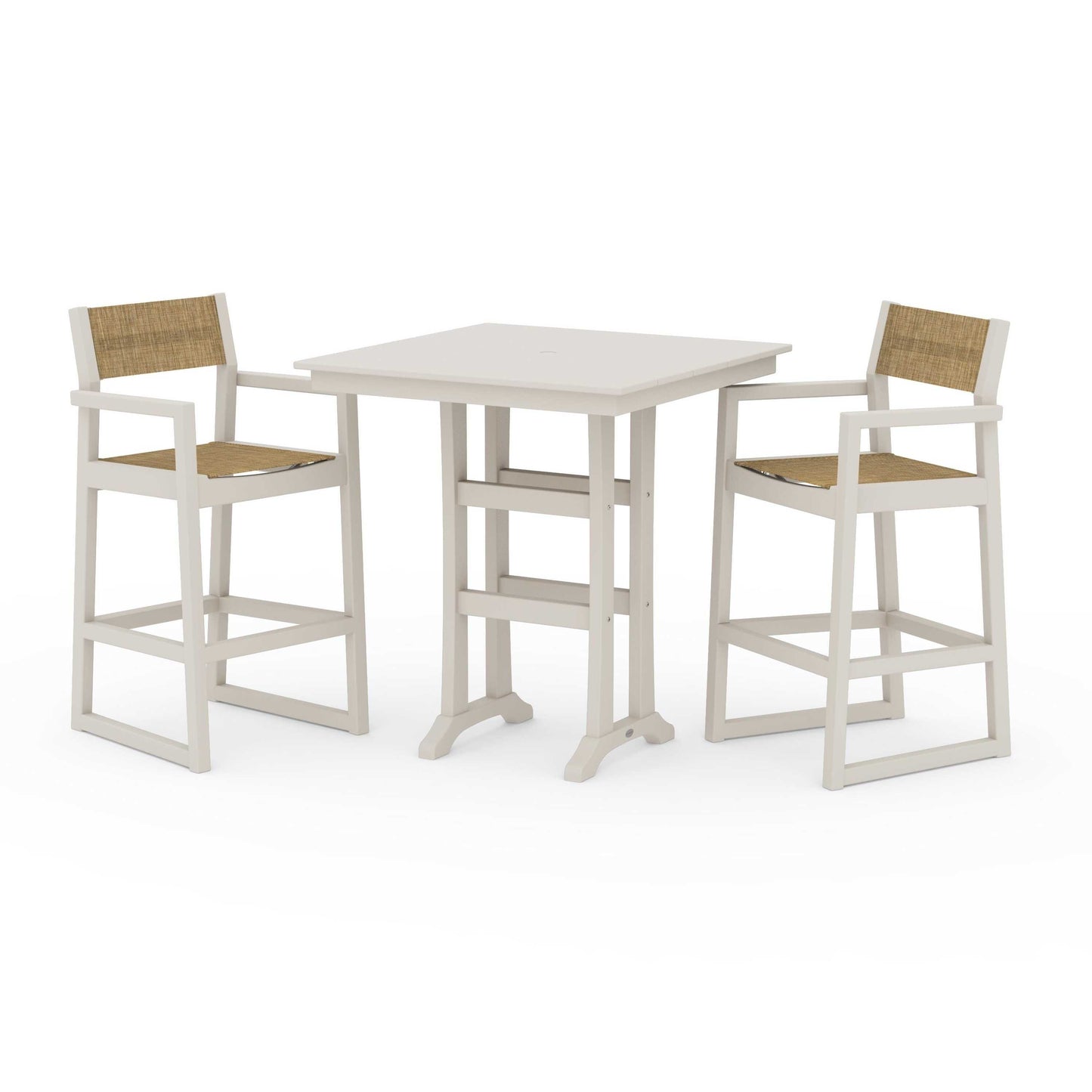 POLYWOOD EDGE Sling Arm Chair 3-Piece Farmhouse Bar Set with Trestle Legs — Sand / Burlap Sling