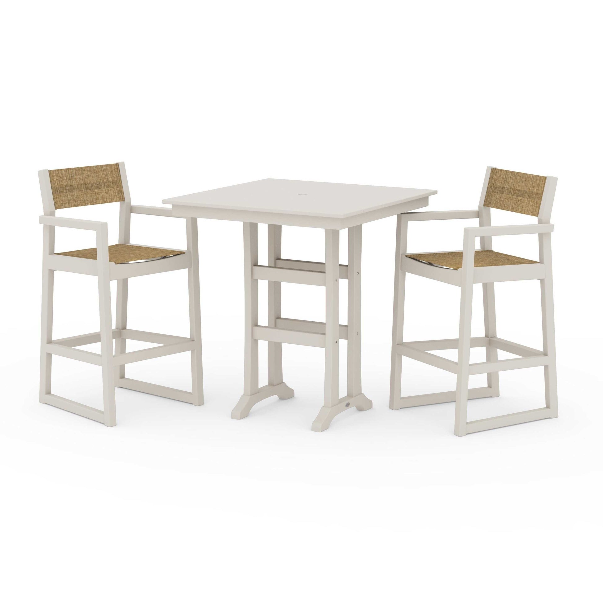 POLYWOOD EDGE Sling Arm Chair 3-Piece Farmhouse Bar Set with Trestle Legs — Sand / Burlap Sling