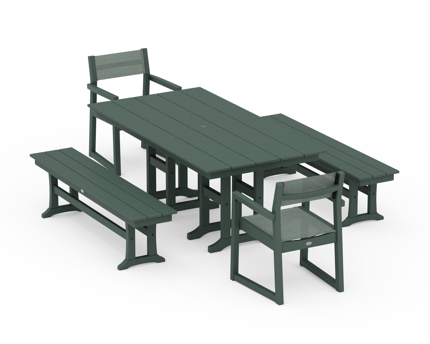 POLYWOOD EDGE Sling Arm Chair 5-Piece Farmhouse Dining Set with Benches — Green / Dupioni Sea Mist Sling