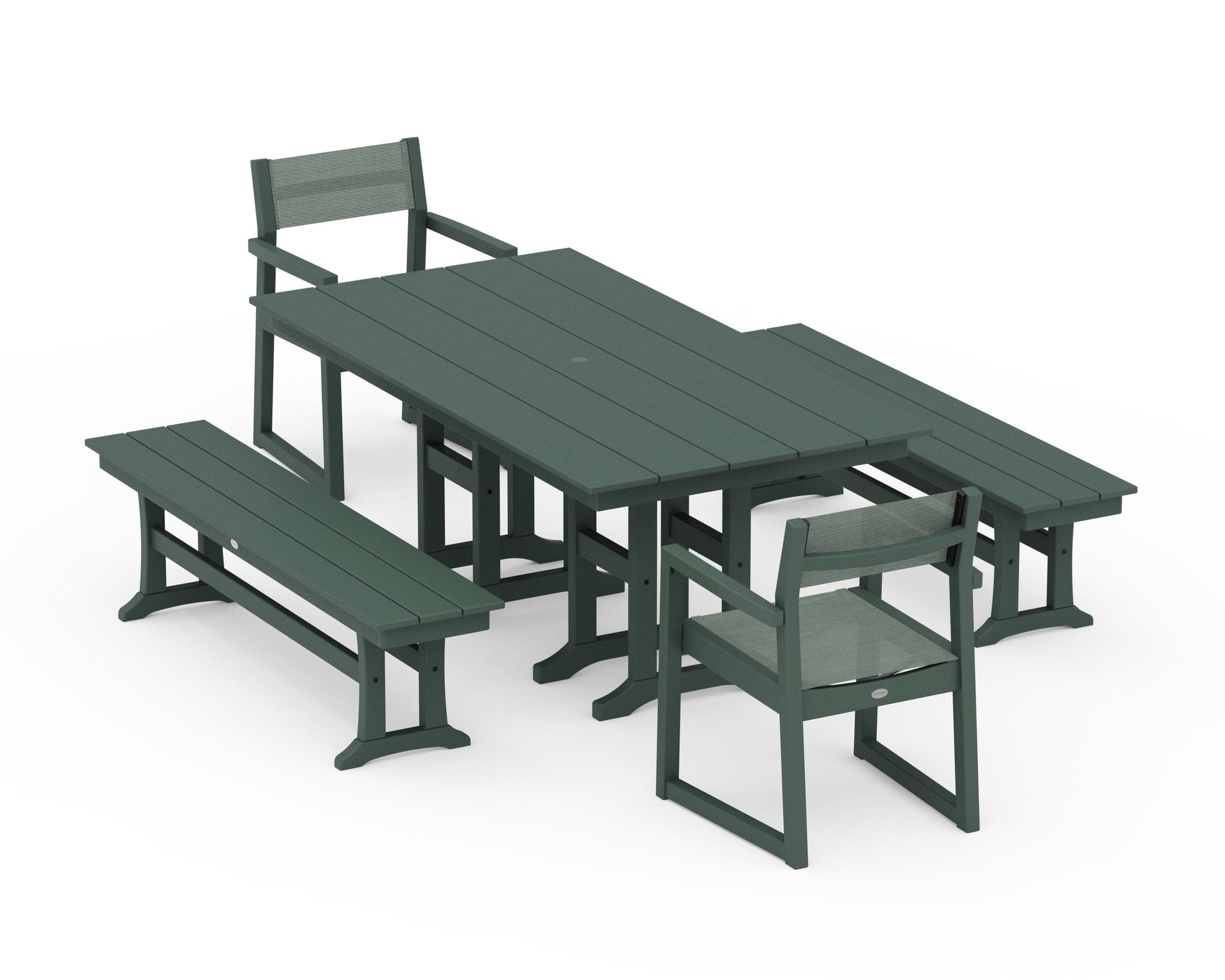 POLYWOOD EDGE Sling Arm Chair 5-Piece Farmhouse Dining Set with Benches — Green / Dupioni Sea Mist Sling
