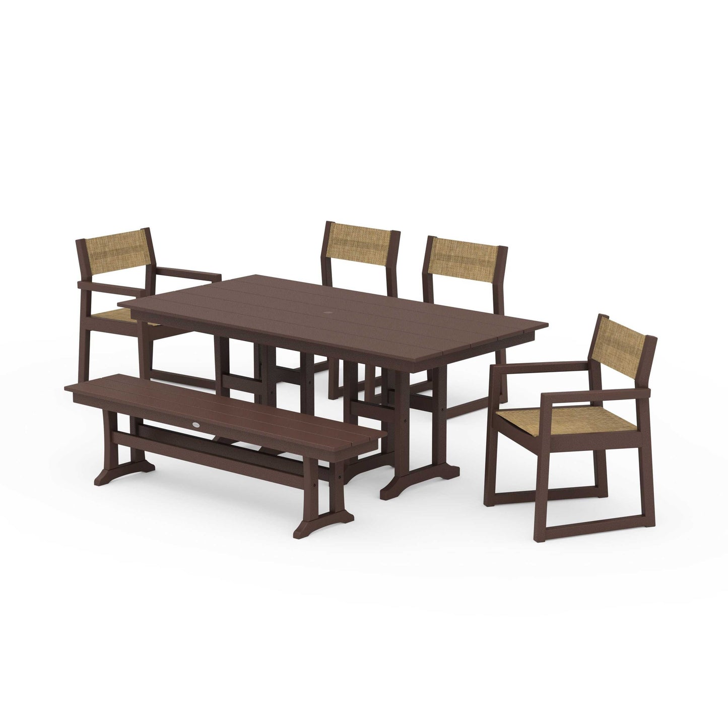 POLYWOOD EDGE Sling 6-Piece Farmhouse Dining Set — Mahogany / Burlap Sling