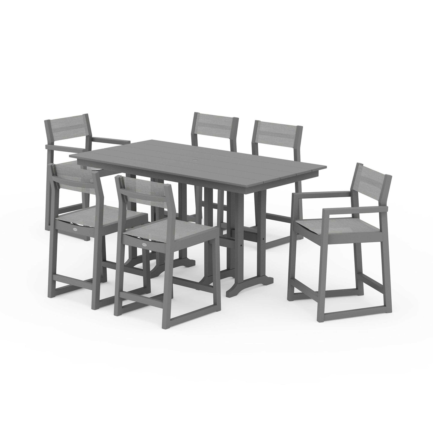 POLYWOOD EDGE Sling 7-Piece Farmhouse Counter Set with Trestle Legs — Slate Grey / Metallic Sling