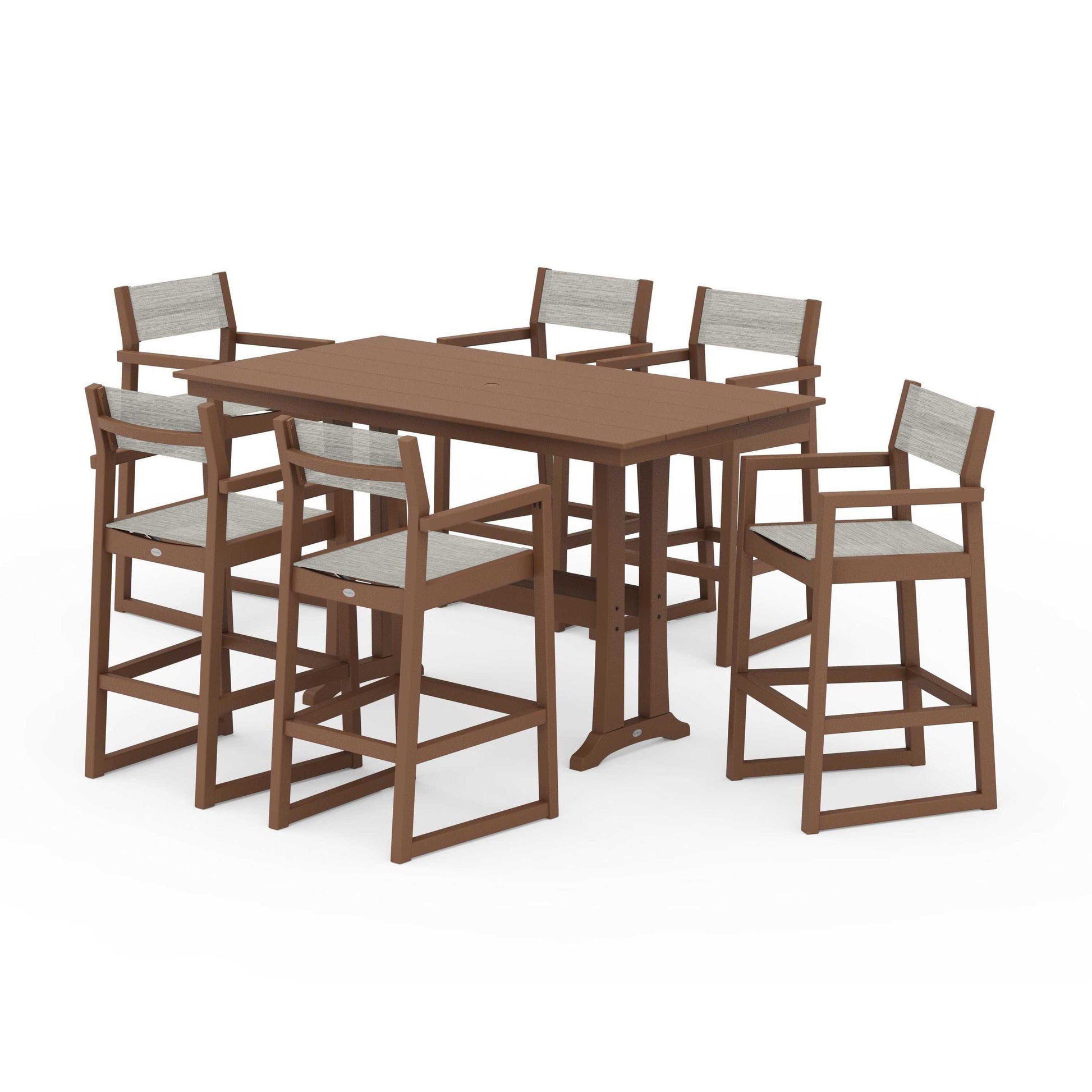 POLYWOOD EDGE Sling Arm Chair 7-Piece Farmhouse Bar Set with Trestle Legs — Teak / Birch Sling