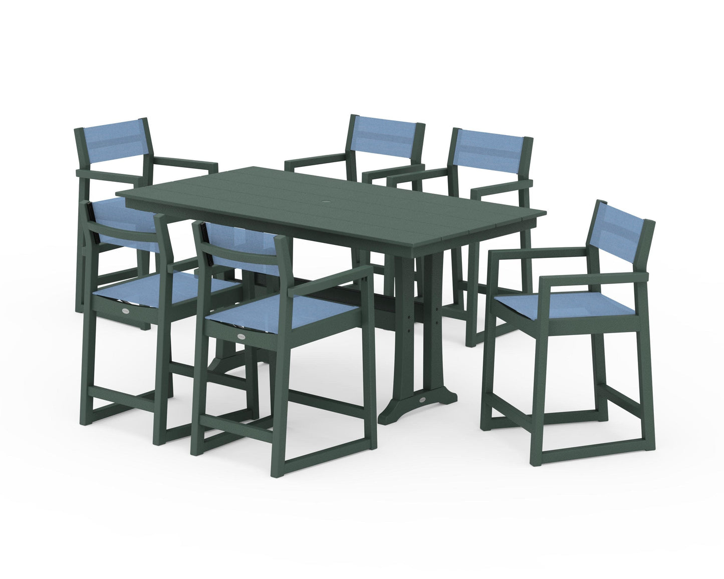 POLYWOOD EDGE Sling Arm Chair 7-Piece Farmhouse Counter Set with Trestle Legs — Green / Poolside Sling