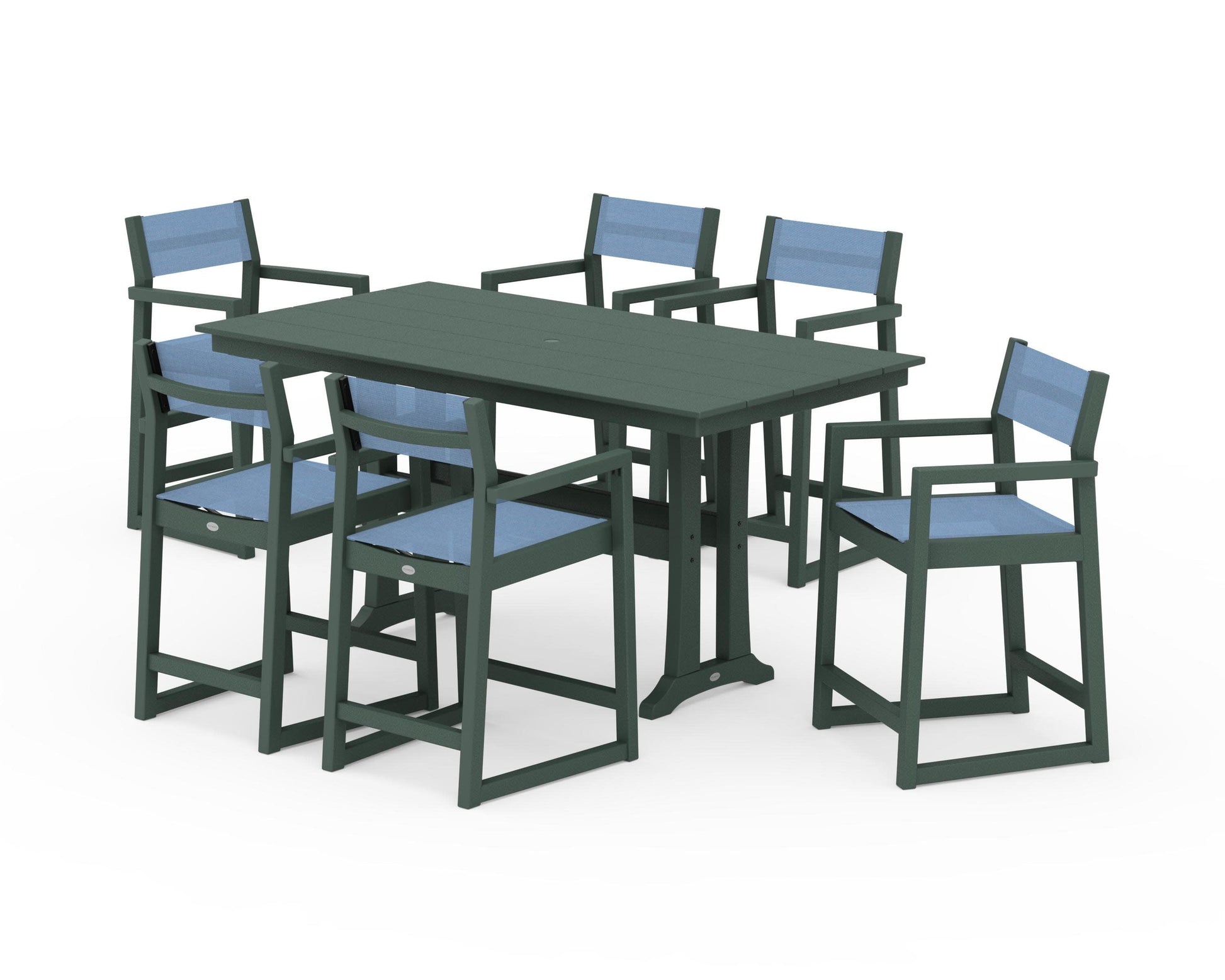 POLYWOOD EDGE Sling Arm Chair 7-Piece Farmhouse Counter Set with Trestle Legs — Green / Poolside Sling