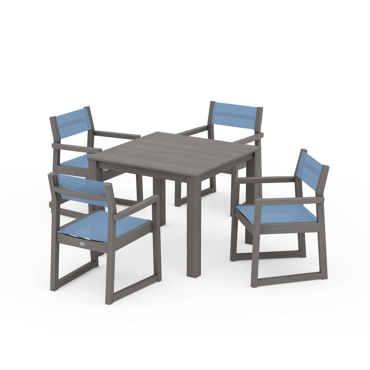 POLYWOOD EDGE Sling Arm Chair 5-Piece Parsons Dining Set — Driftwood / Poolside Sling