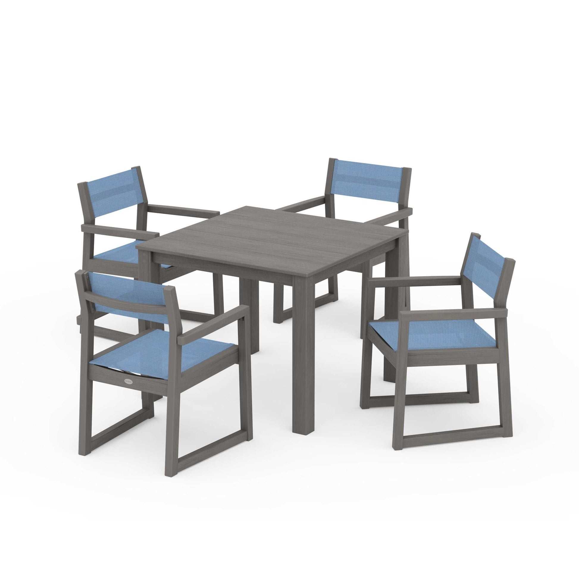 POLYWOOD EDGE Sling Arm Chair 5-Piece Parsons Dining Set — Driftwood / Poolside Sling