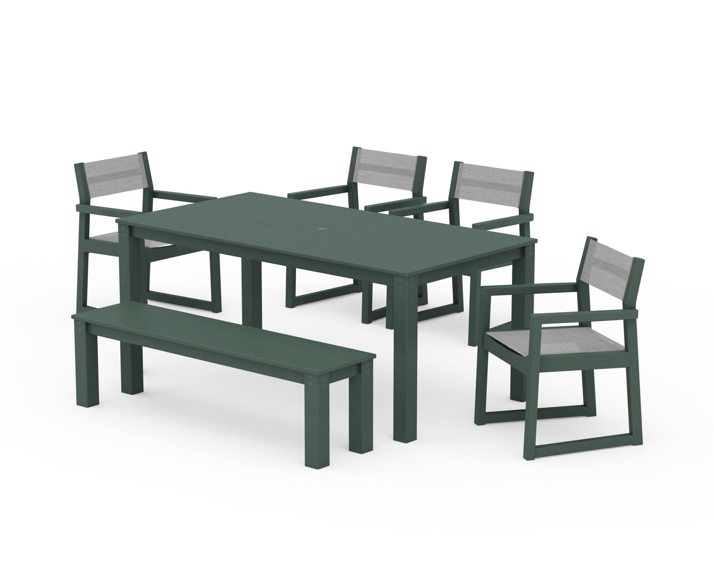 POLYWOOD EDGE Sling Arm Chair 6-Piece Parsons Dining Set with Bench — Green / Metallic Sling