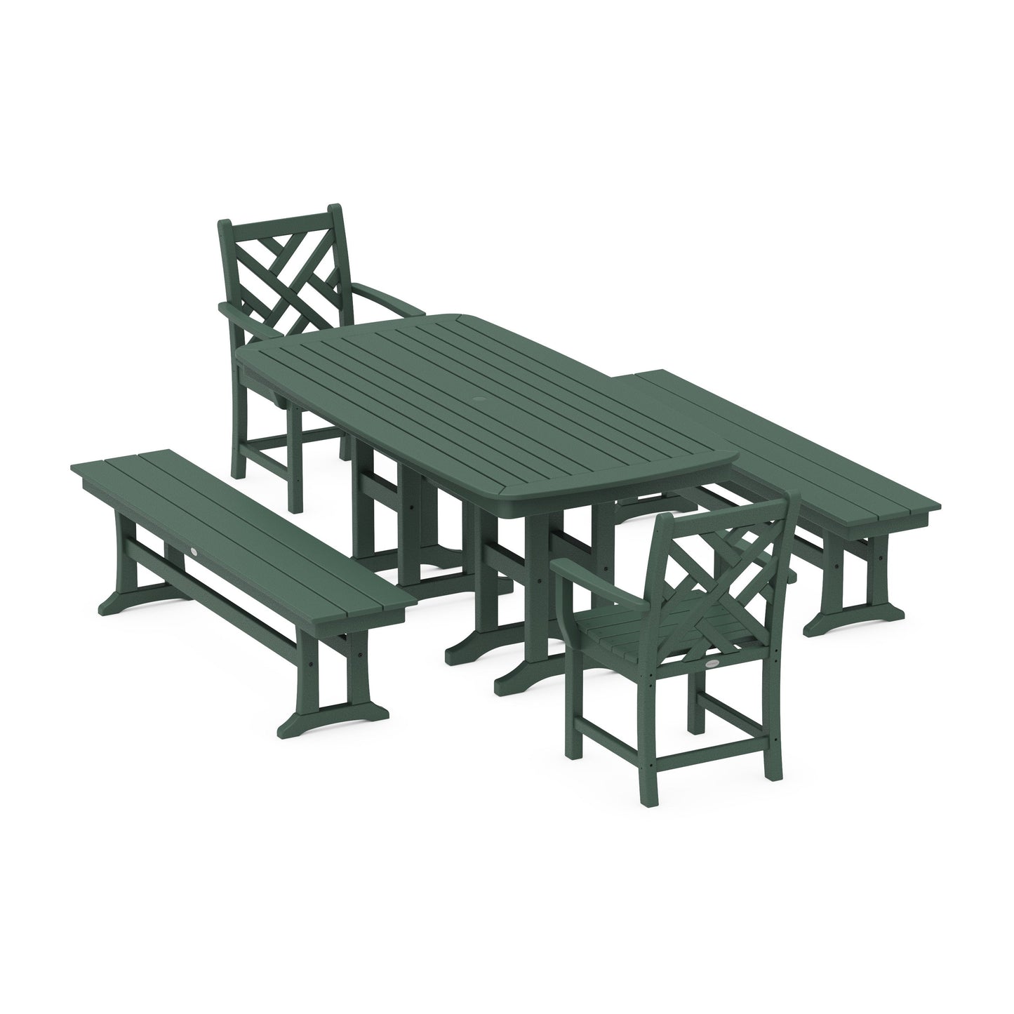 POLYWOOD Chippendale 5-Piece Dining Set with Benches — Green