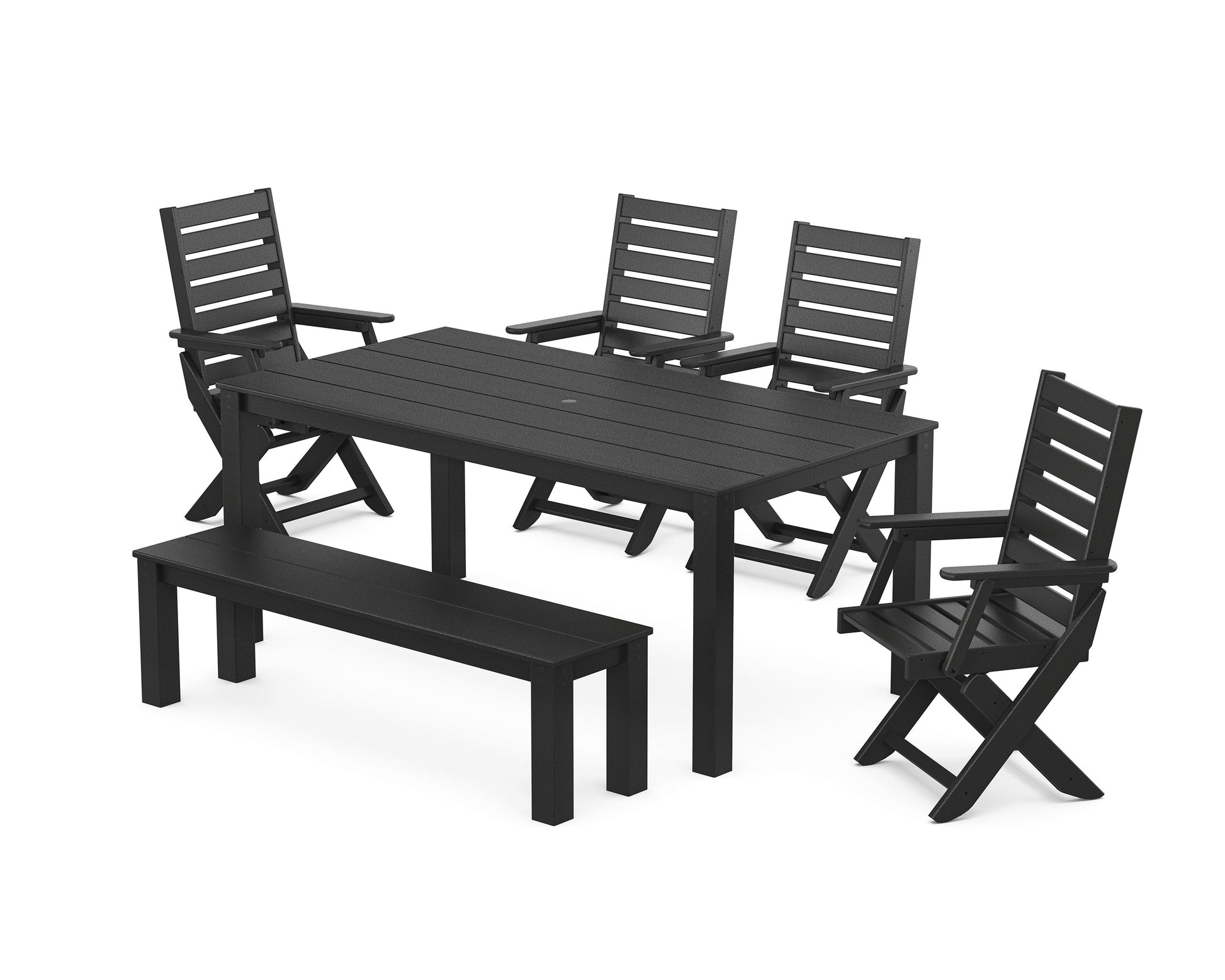 POLYWOOD Captain Folding Chair 6-Piece Parsons Dining Set with Bench — Black