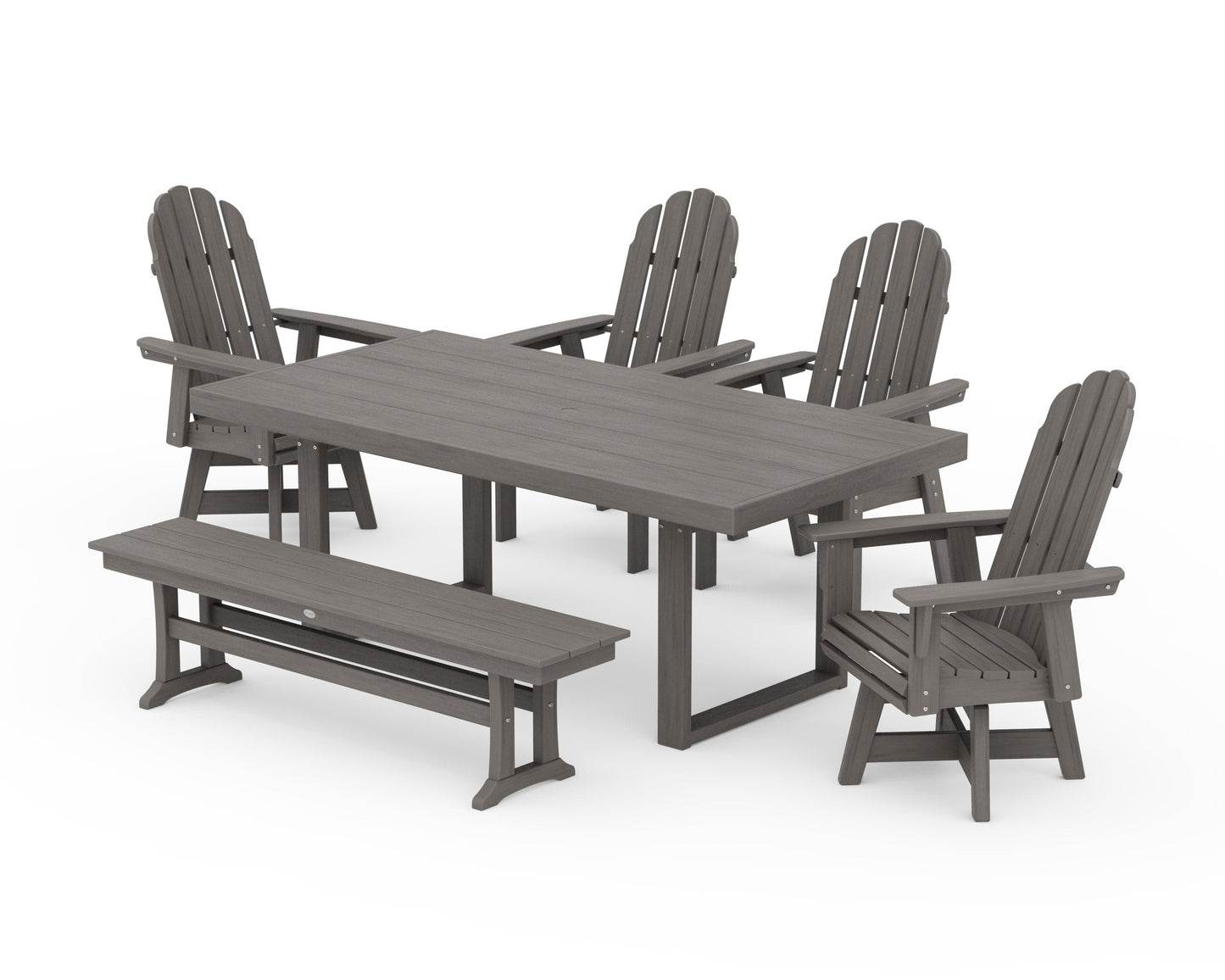 POLYWOOD Vineyard Curveback Adirondack Swivel Chair 6-Piece Dining Set with Bench — Driftwood