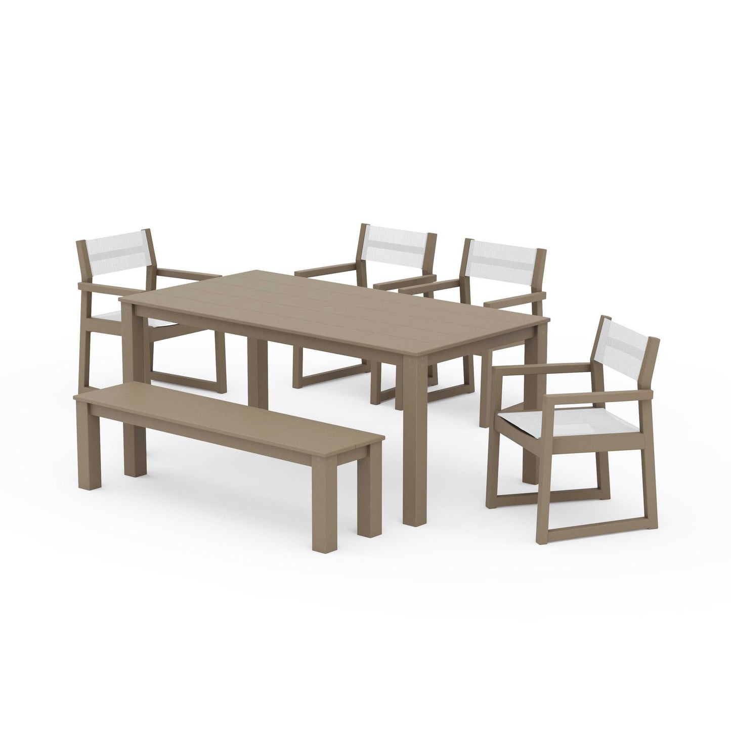 POLYWOOD EDGE Sling Arm Chair 6-Piece Parsons Dining Set with Bench — Vintage Sahara / White Sling