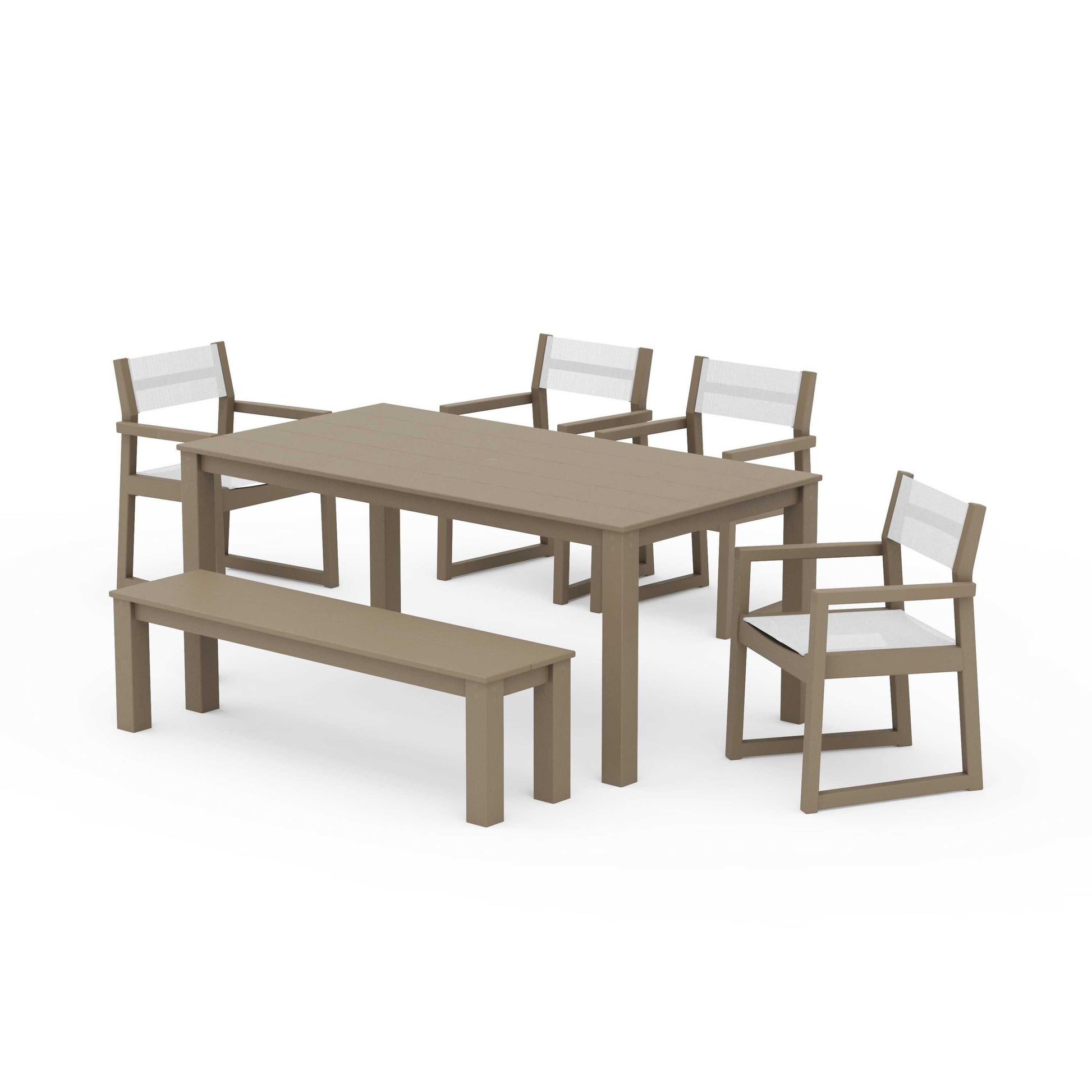 POLYWOOD EDGE Sling Arm Chair 6-Piece Parsons Dining Set with Bench — Vintage Sahara / White Sling