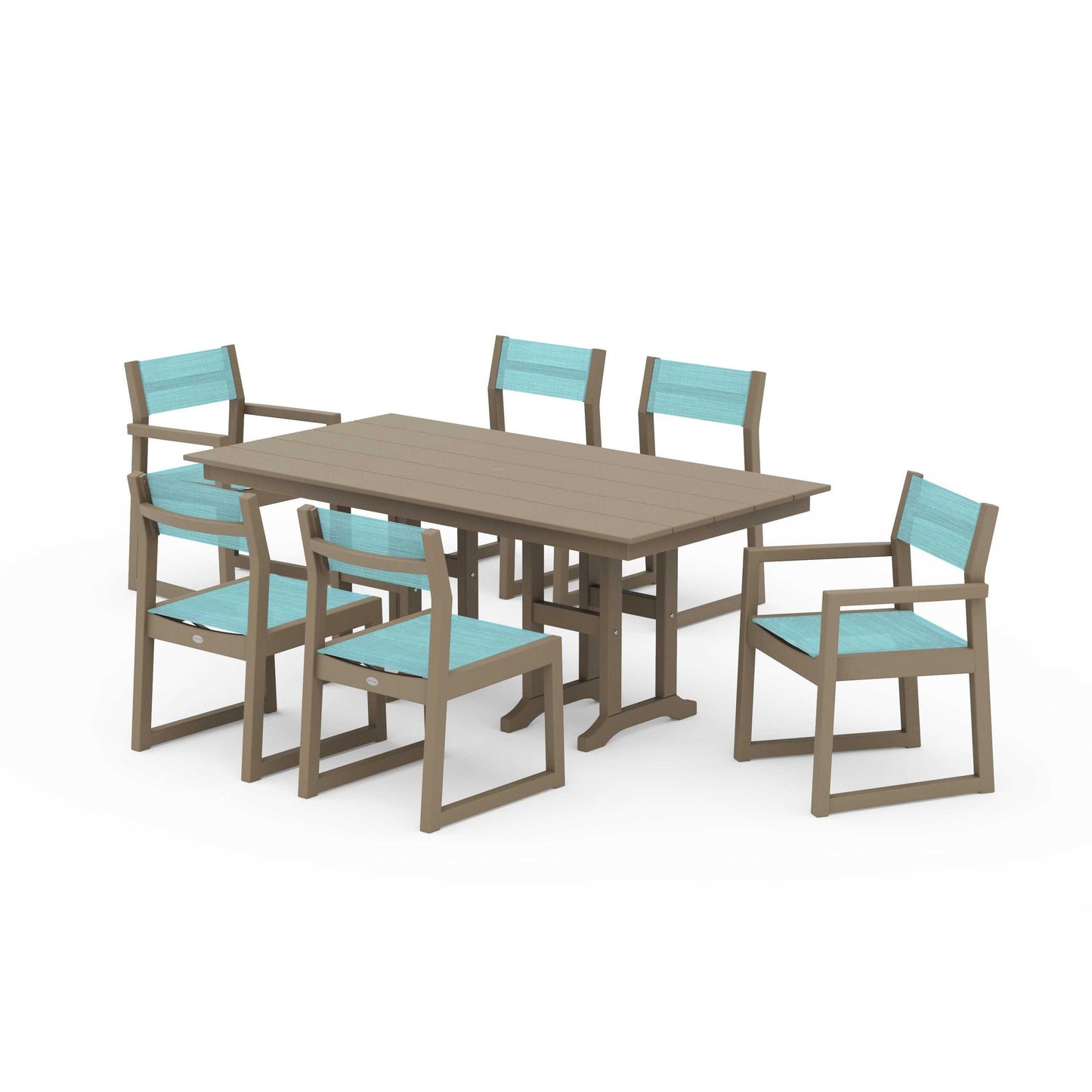 POLYWOOD EDGE Sling 7-Piece Farmhouse Dining Set — Vintage Sahara / Dupioni Aquamarine Sling