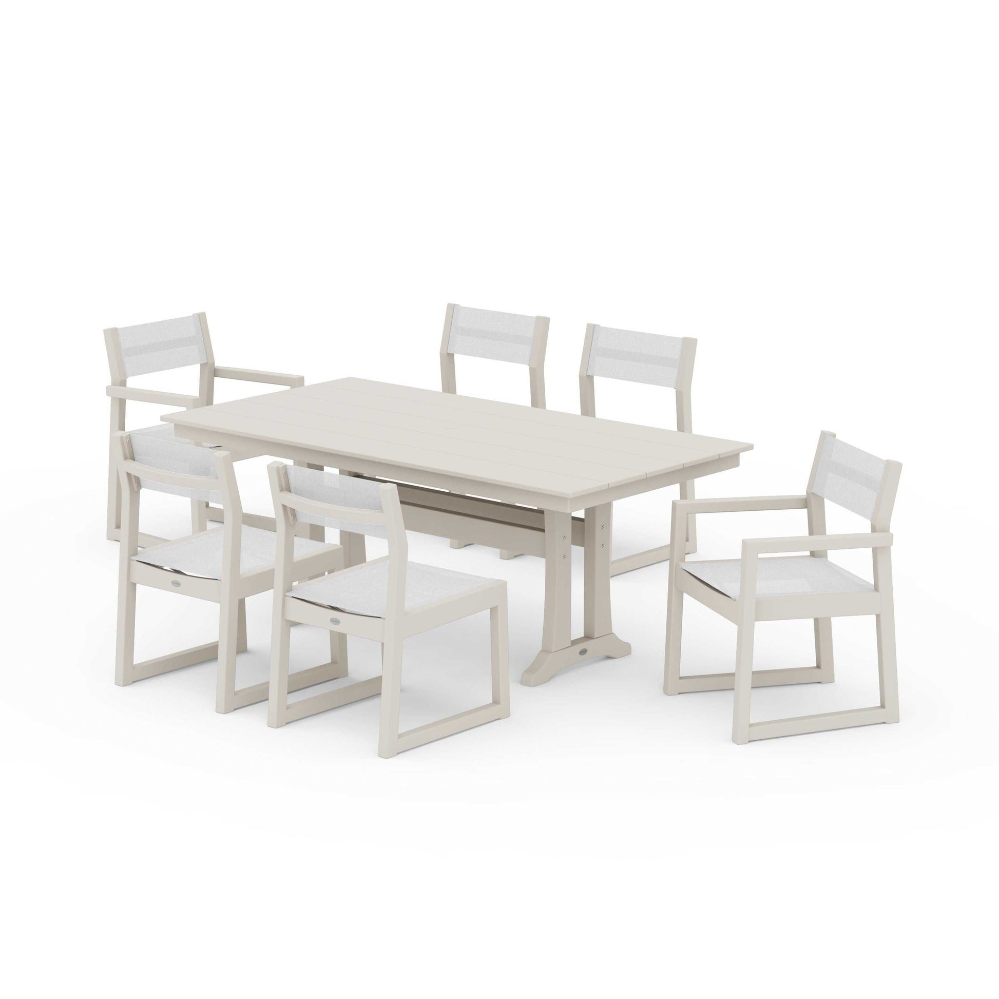 POLYWOOD EDGE Sling 7-Piece Farmhouse Trestle Dining Set — Sand / White Sling