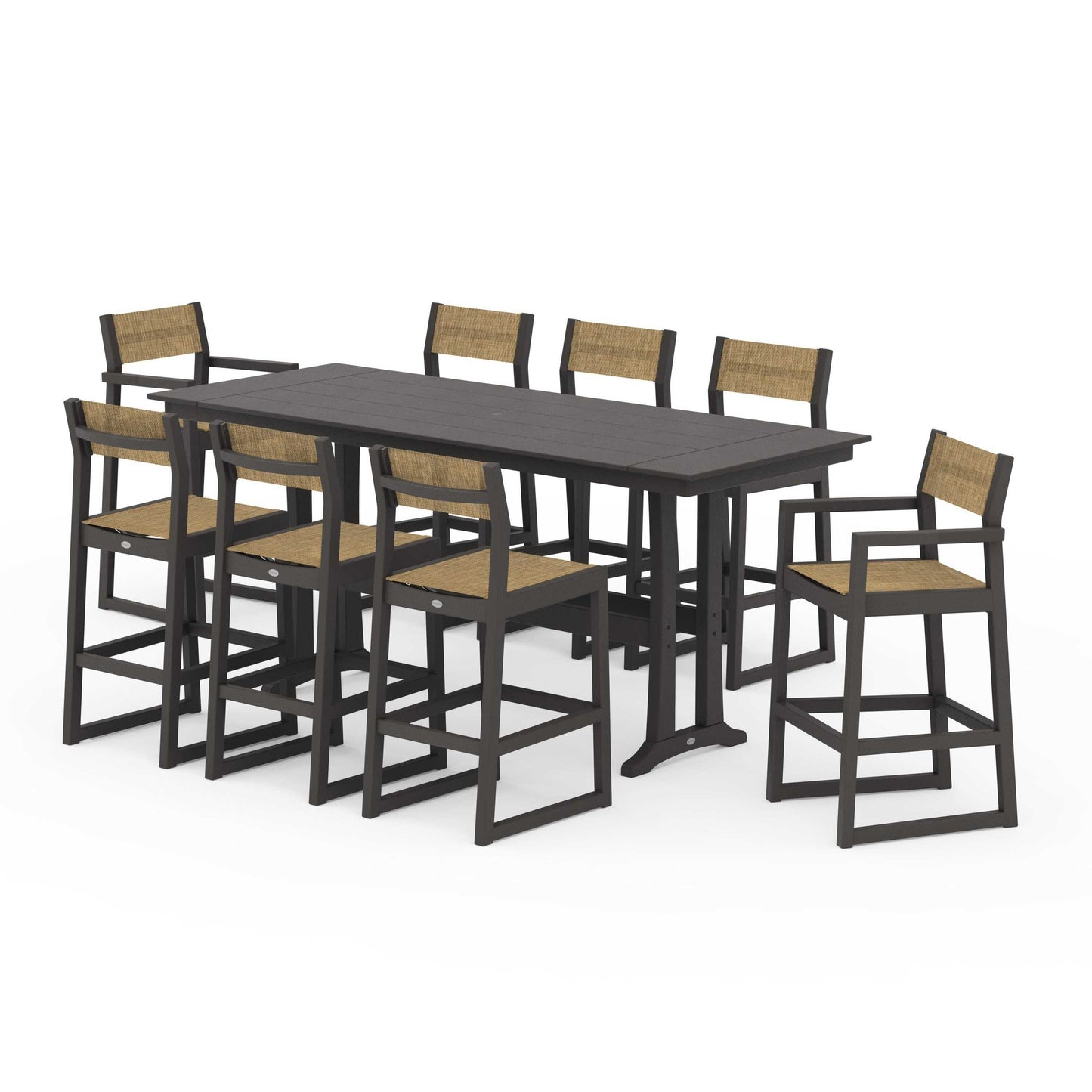 POLYWOOD EDGE Sling 9-Piece Farmhouse Bar Set with Trestle Legs — Vintage Coffee / Burlap Sling