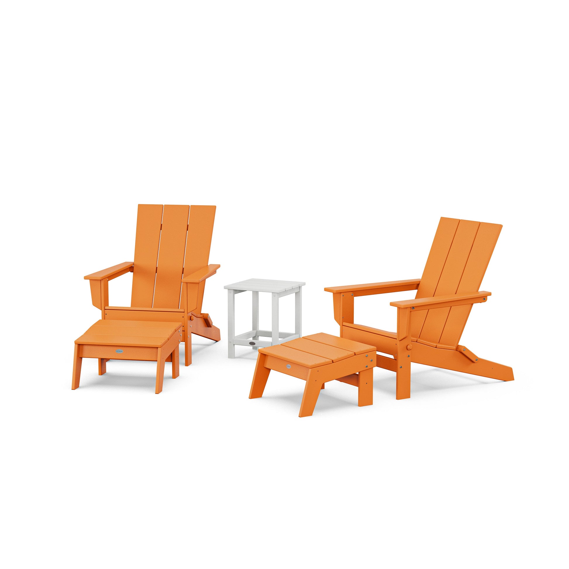 POLYWOOD 5-Piece Modern Studio Folding Adirondack Set with Ottomans and Side Table — Tangerine / White