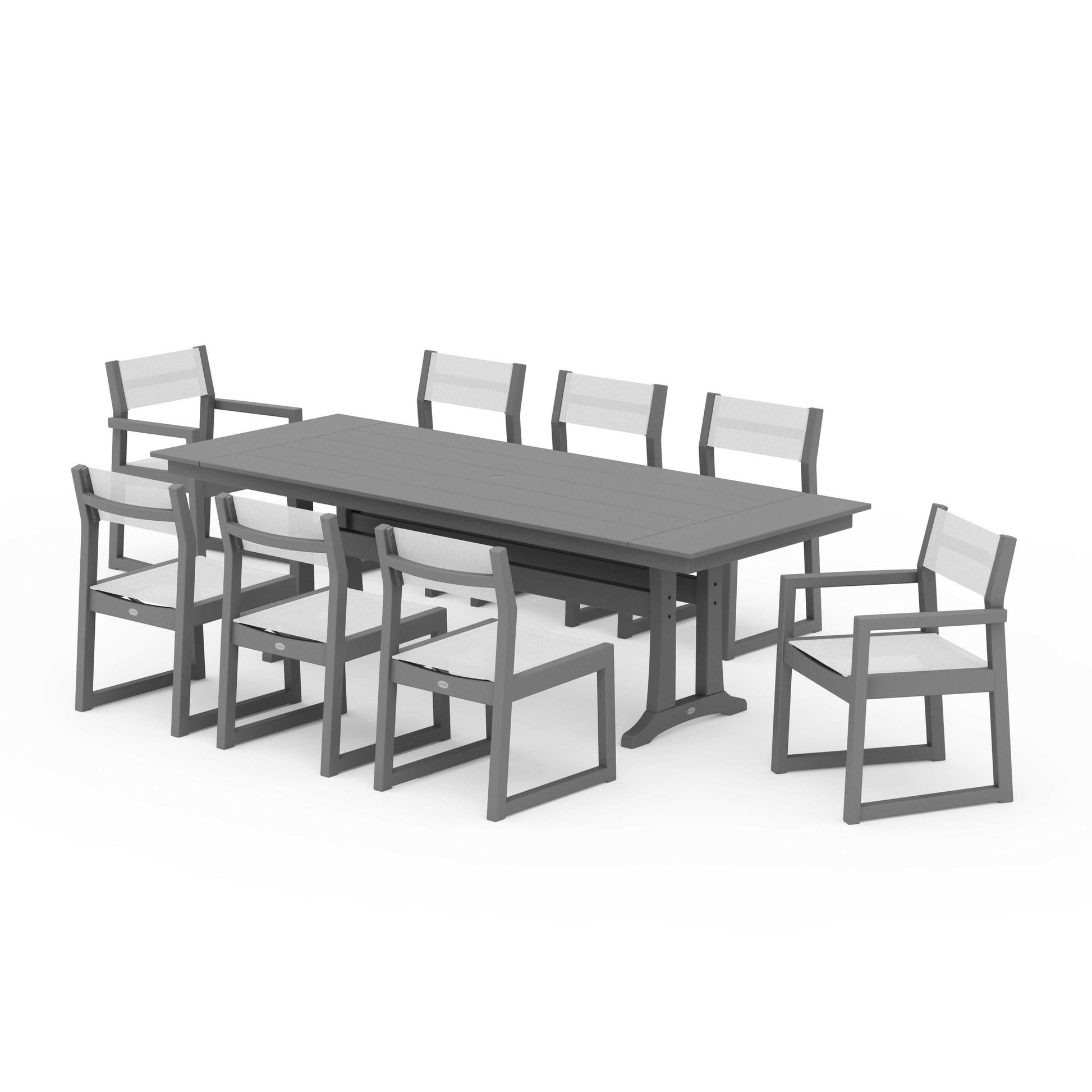 POLYWOOD EDGE Sling 9-Piece Farmhouse Trestle Dining Set — Slate Grey / White Sling
