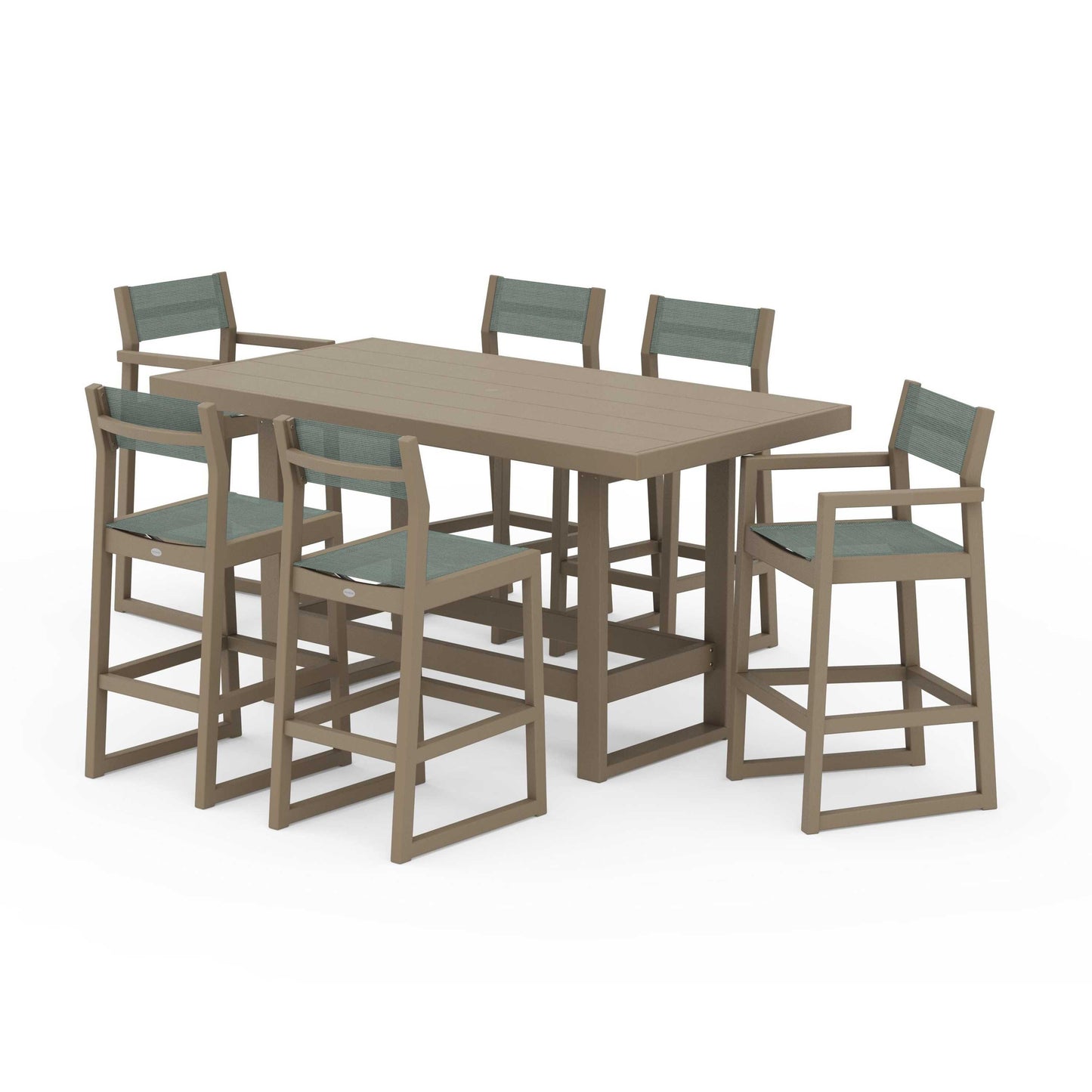 POLYWOOD EDGE Sling 7-Piece Bar Table Set — Vintage Sahara / Dupioni Sea Mist Sling