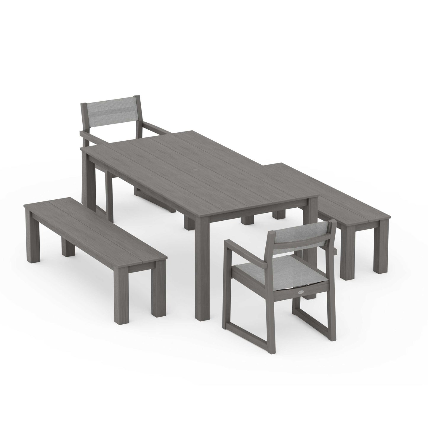 POLYWOOD EDGE Sling Arm Chair 5-Piece Parsons Dining Set with Benches — Driftwood / Metallic Sling