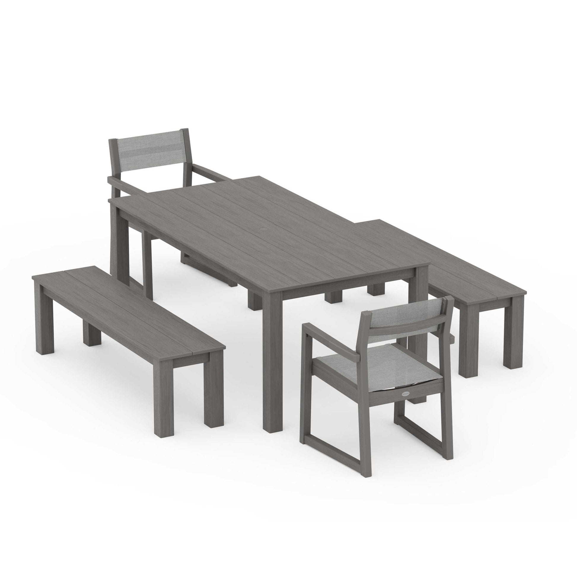 POLYWOOD EDGE Sling Arm Chair 5-Piece Parsons Dining Set with Benches — Driftwood / Metallic Sling