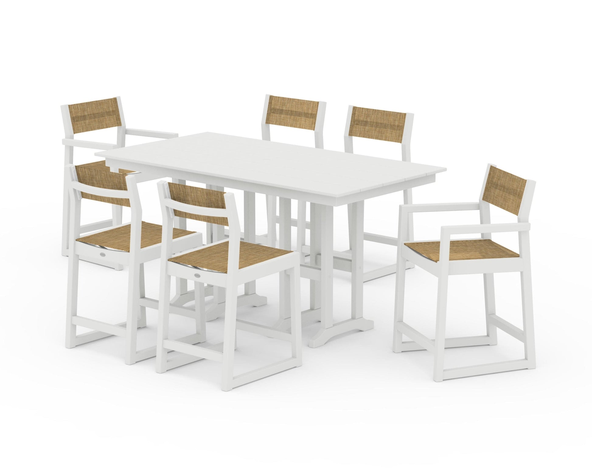 POLYWOOD EDGE Sling 7-Piece Farmhouse Counter Set with Trestle Legs — Vintage White / Burlap Sling