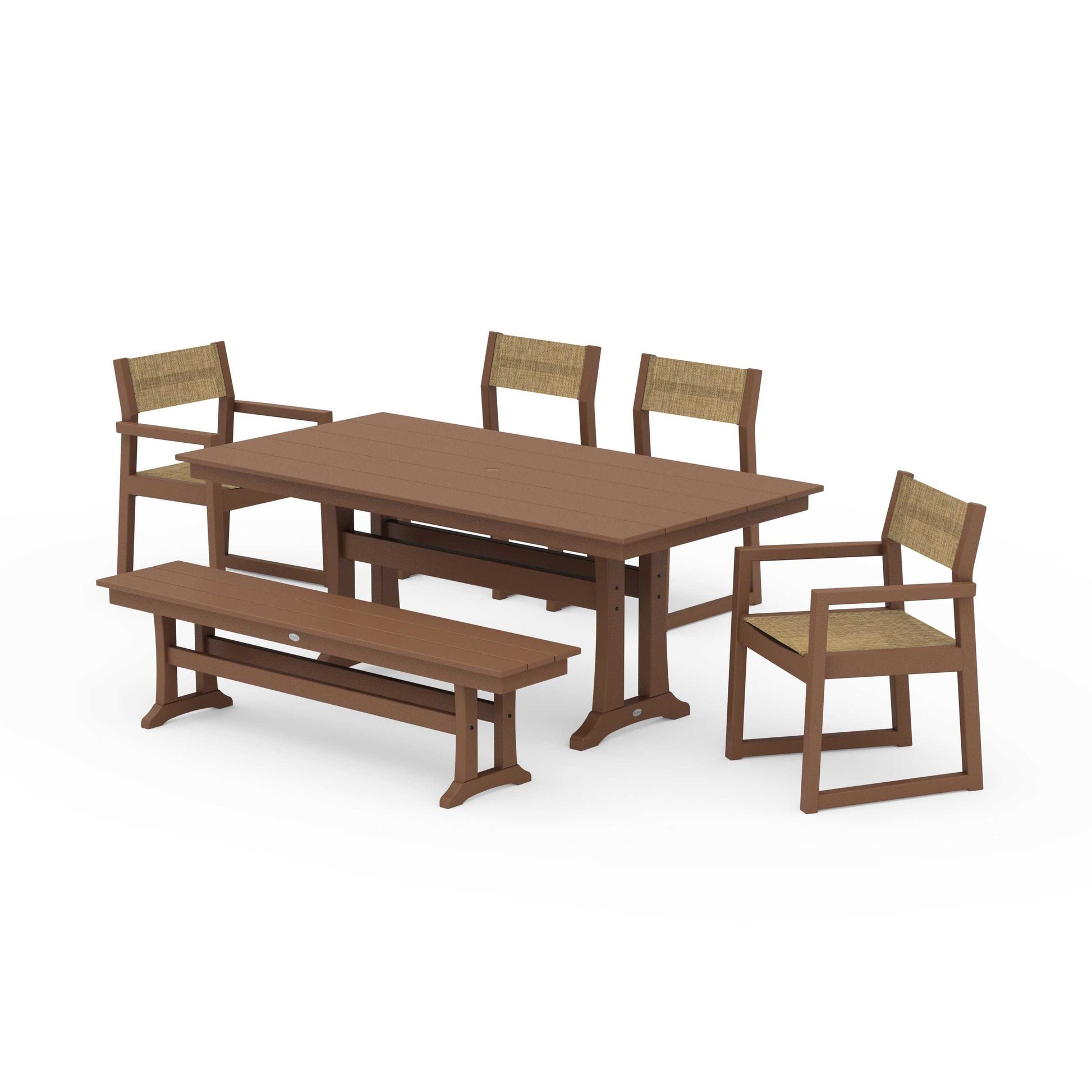 POLYWOOD EDGE Sling 6-Piece Farmhouse Dining Set With Trestle Legs — Teak / Burlap Sling
