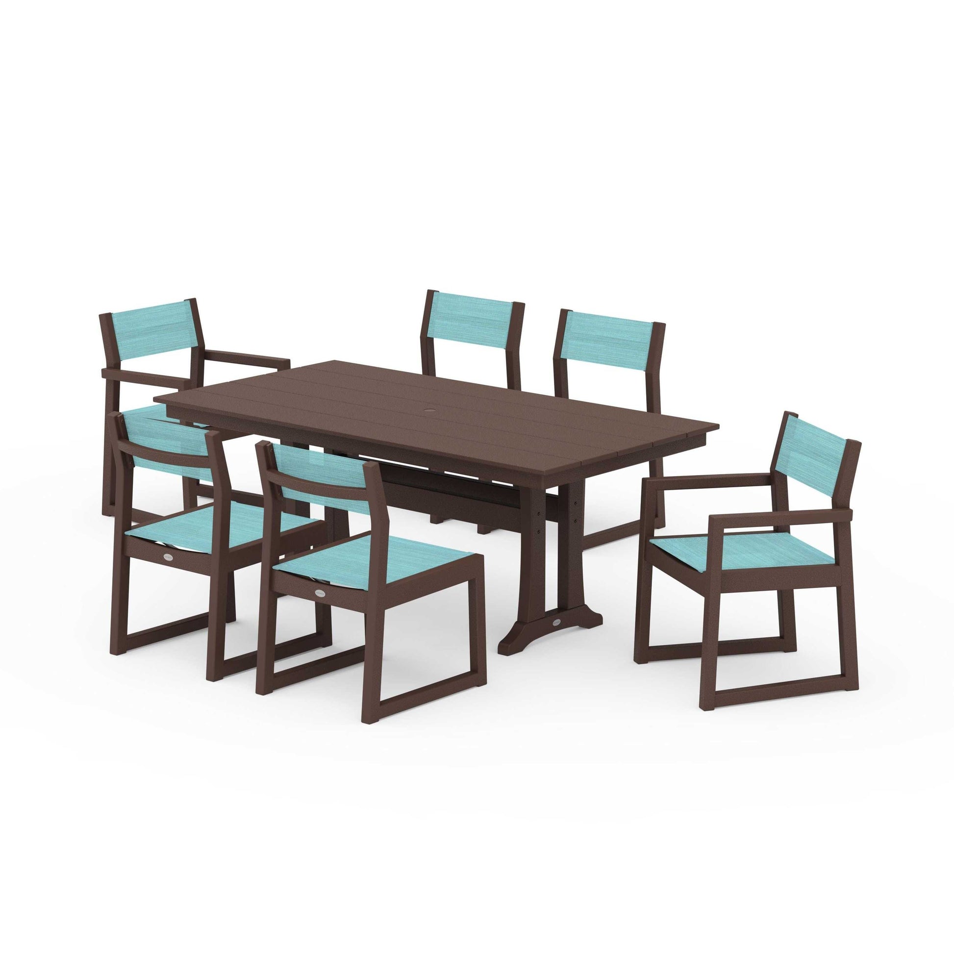 POLYWOOD EDGE Sling 7-Piece Farmhouse Trestle Dining Set — Mahogany / Dupioni Aquamarine Sling