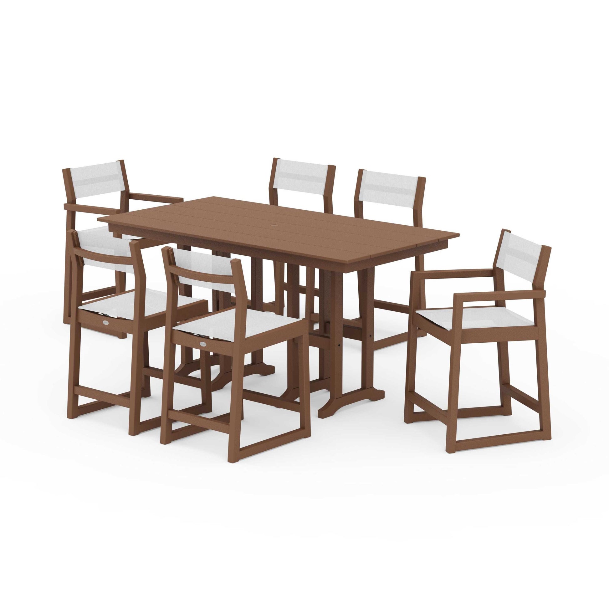 POLYWOOD EDGE Sling 7-Piece Farmhouse Counter Set with Trestle Legs — Teak / White Sling
