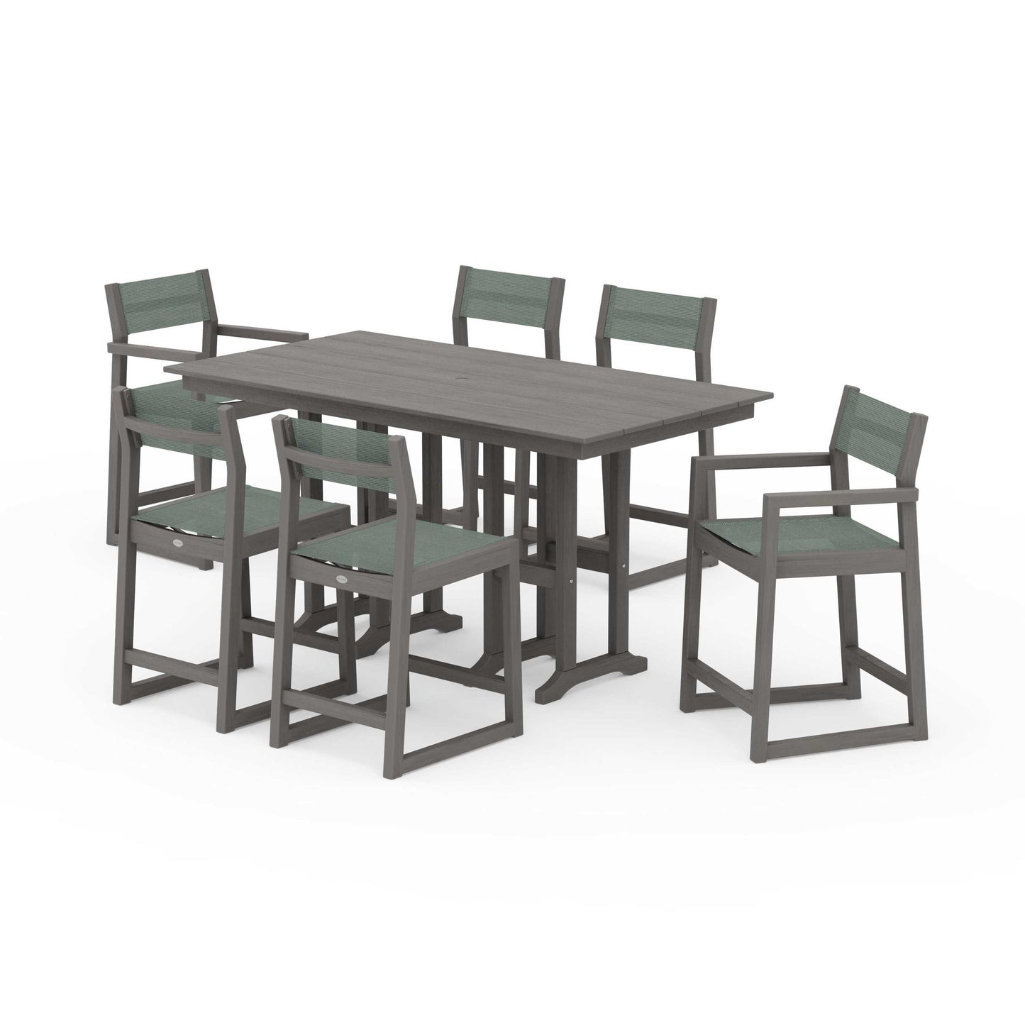 POLYWOOD EDGE Sling 7-Piece Farmhouse Counter Set with Trestle Legs — Driftwood / Dupioni Sea Mist Sling