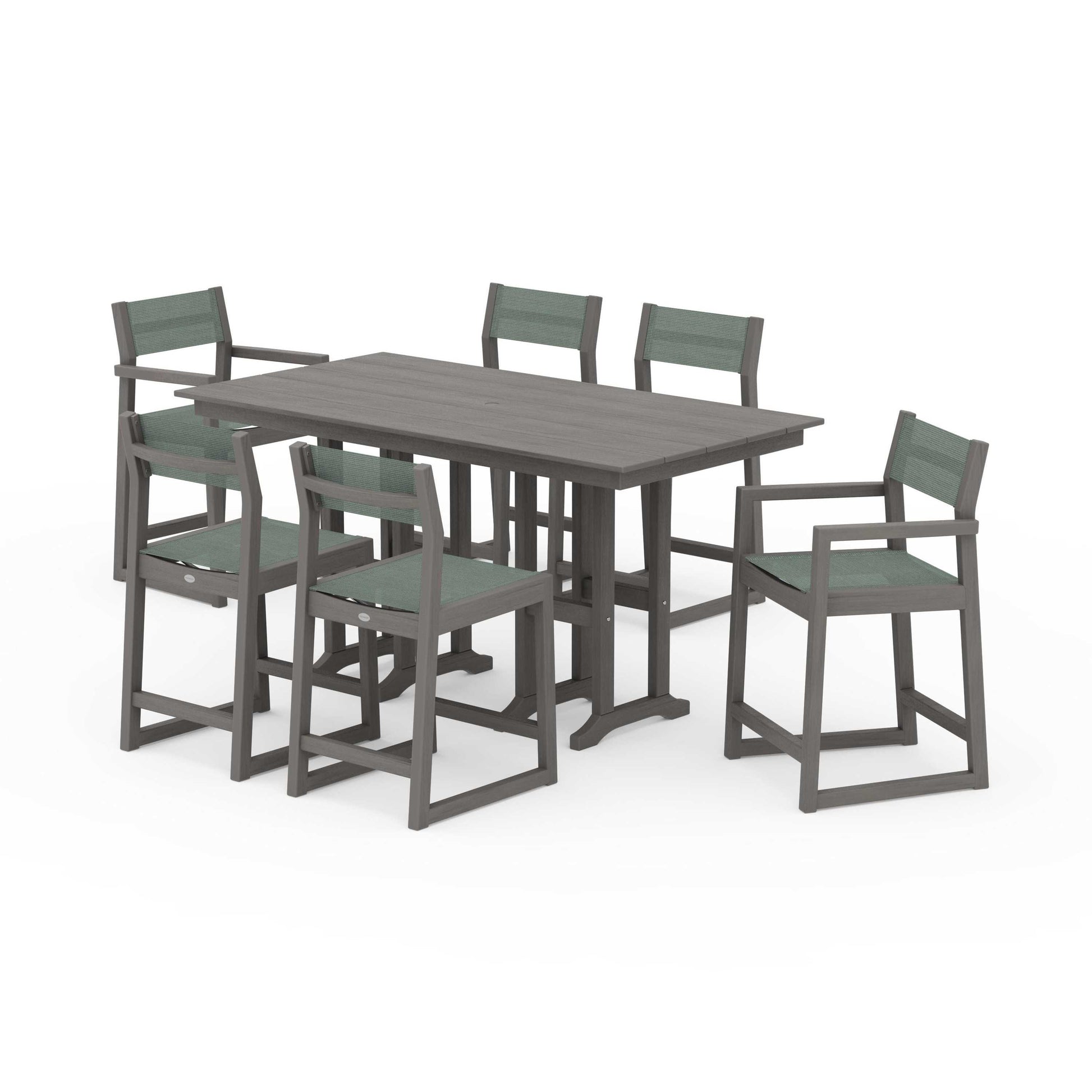 POLYWOOD EDGE Sling 7-Piece Farmhouse Counter Set with Trestle Legs — Driftwood / Dupioni Sea Mist Sling
