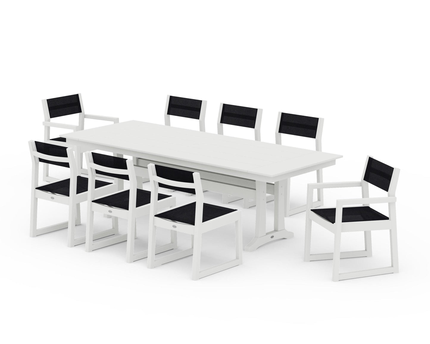 POLYWOOD EDGE Sling 9-Piece Farmhouse Trestle Dining Set — Vintage White / Black Sling