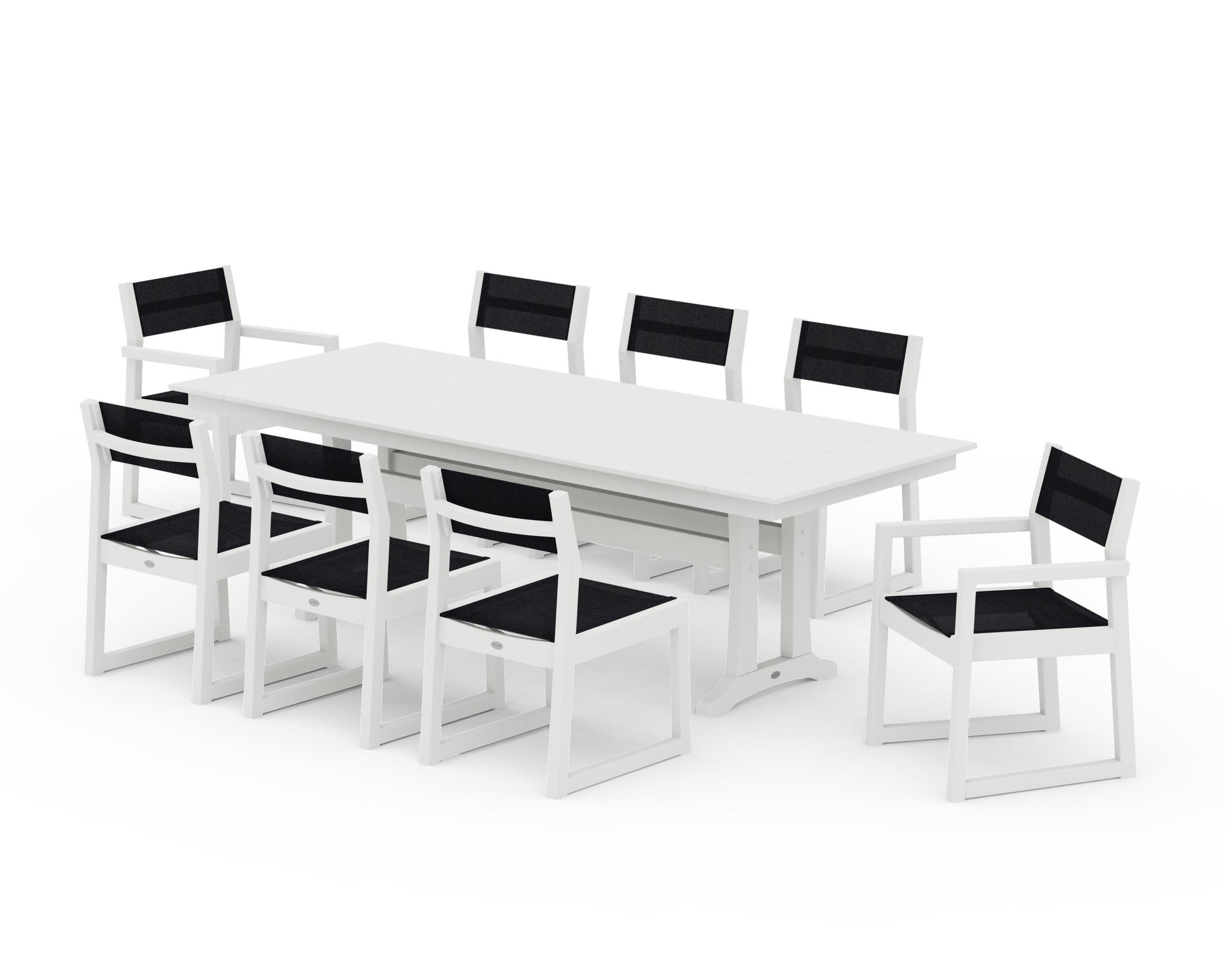 POLYWOOD EDGE Sling 9-Piece Farmhouse Trestle Dining Set — Vintage White / Black Sling