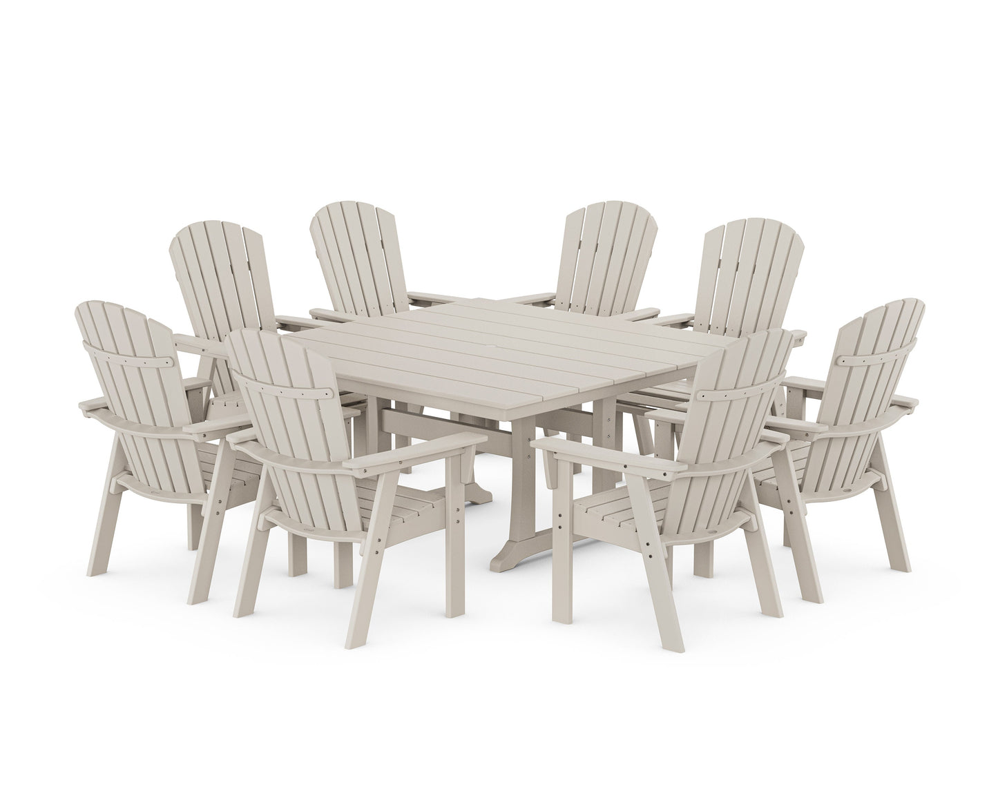 POLYWOOD Nautical Curveback Adirondack 9-Piece Square Dining Set with Trestle Legs — Sand