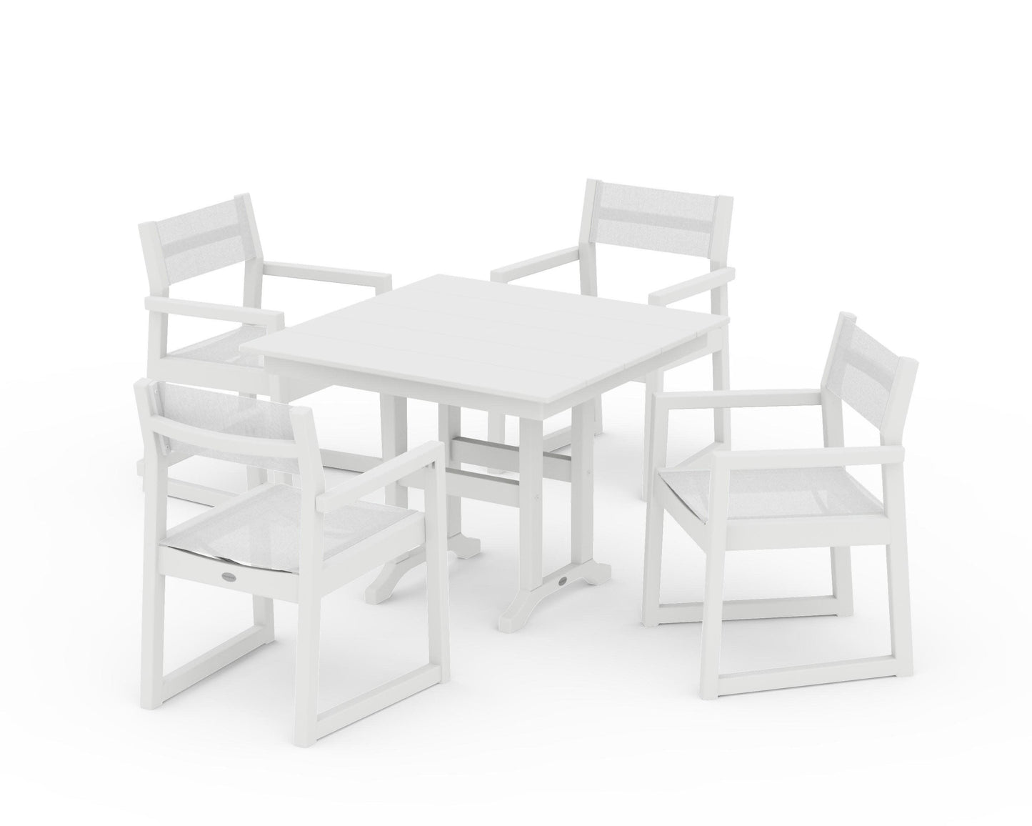 POLYWOOD EDGE Sling Arm Chair 5-Piece Farmhouse Dining Set — White / White Sling