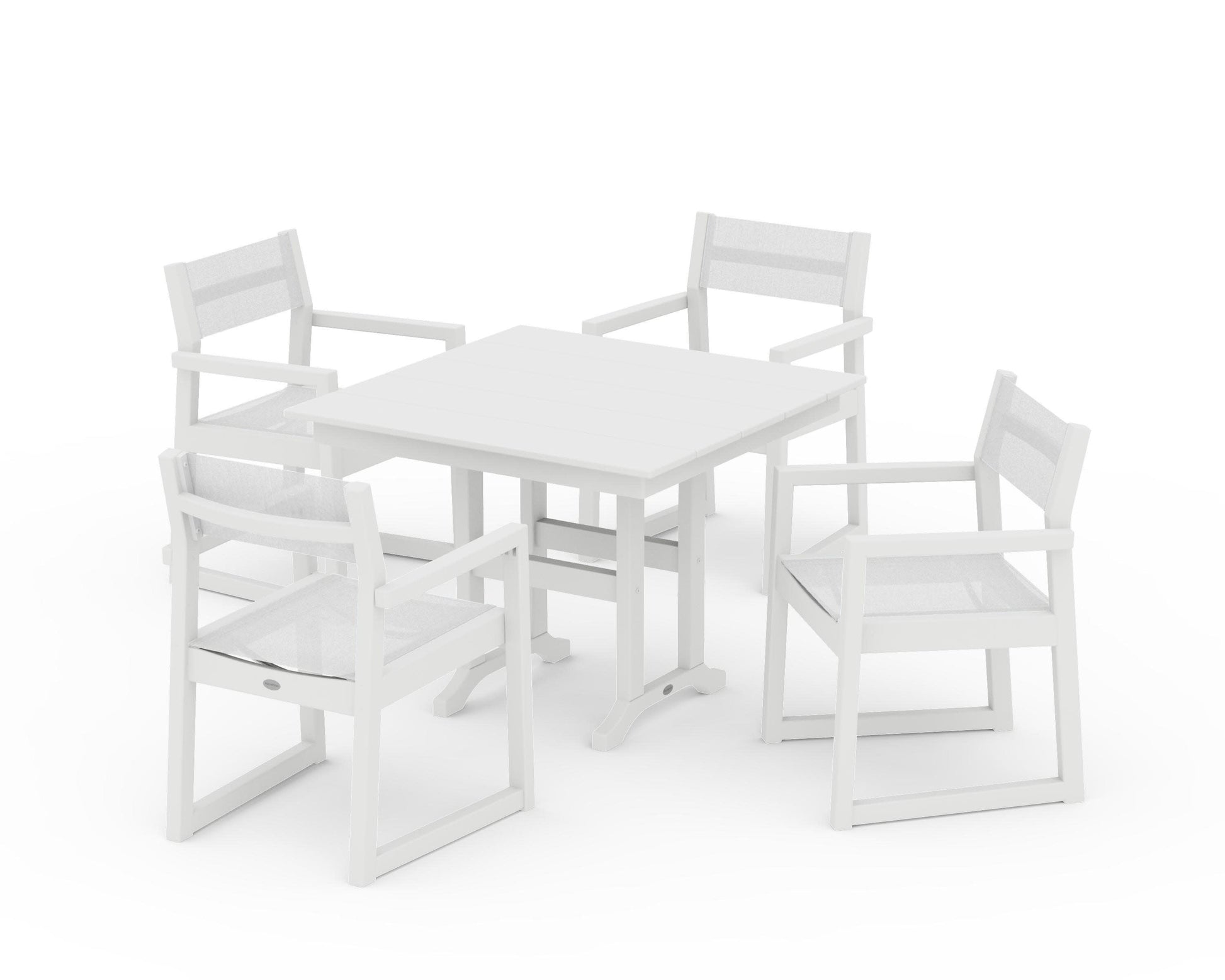 POLYWOOD EDGE Sling Arm Chair 5-Piece Farmhouse Dining Set — White / White Sling